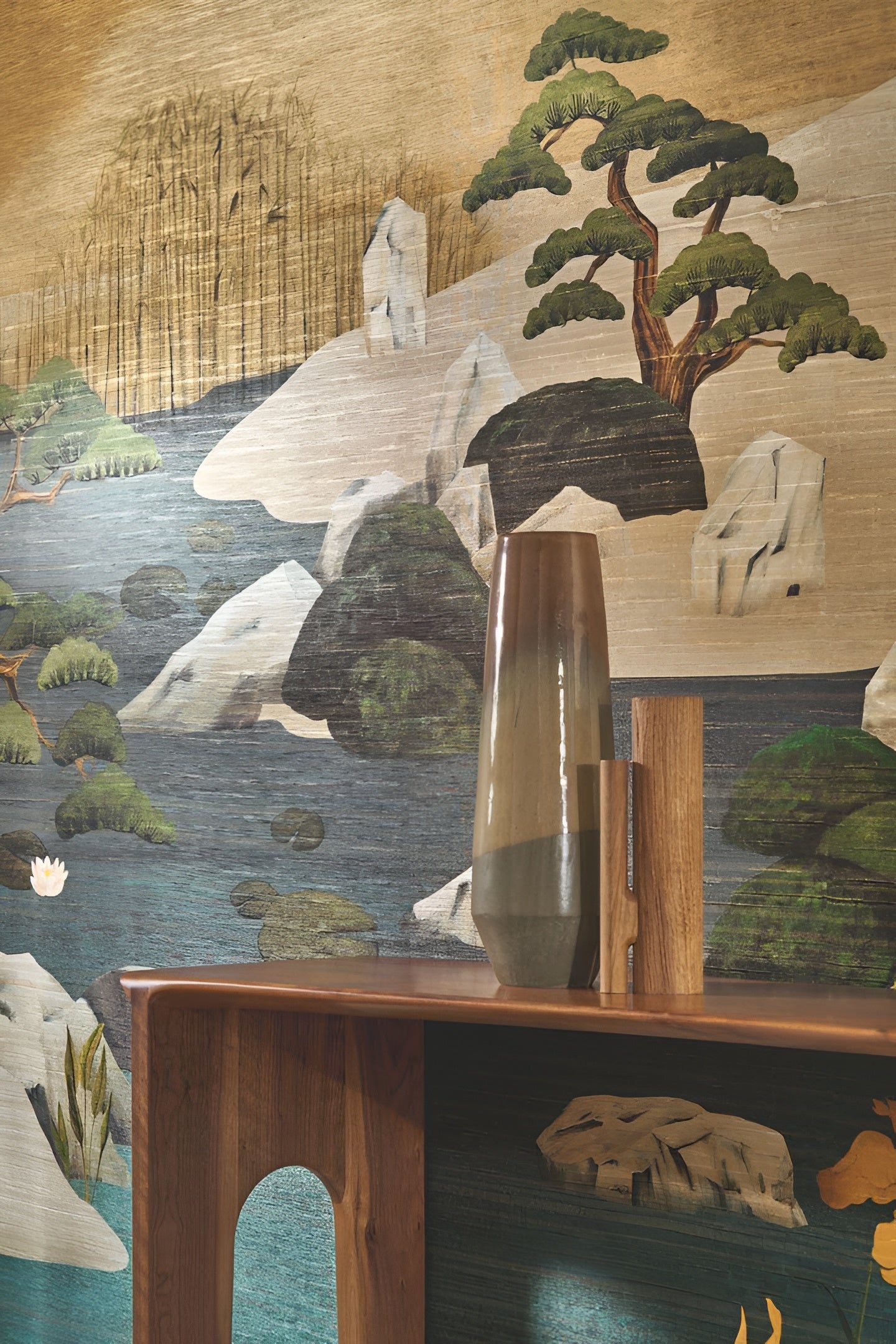 Textile mural with Japanese landscape ADACHI - MORDORÉ MARINE blue with bronze