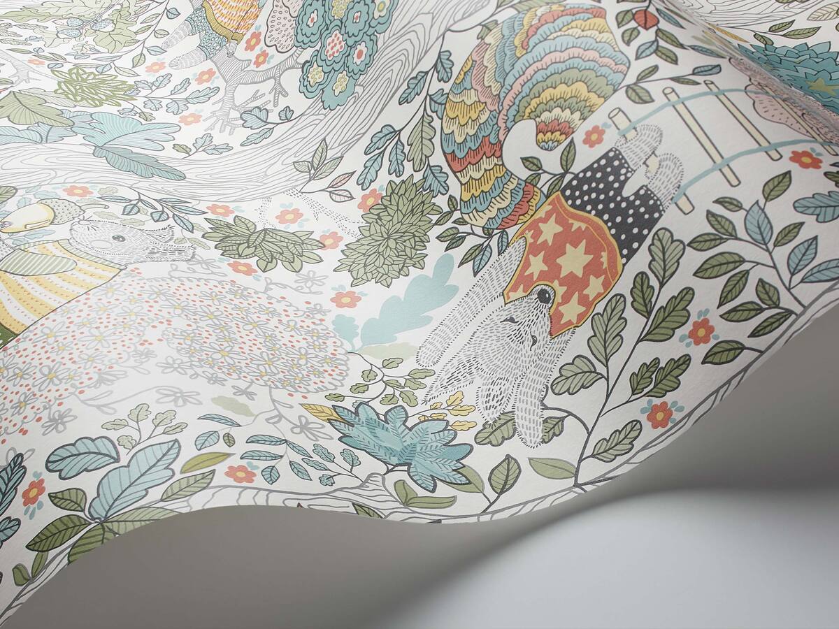 Children's wallpaper with a fairy tale forest theme CHARLIE white with green