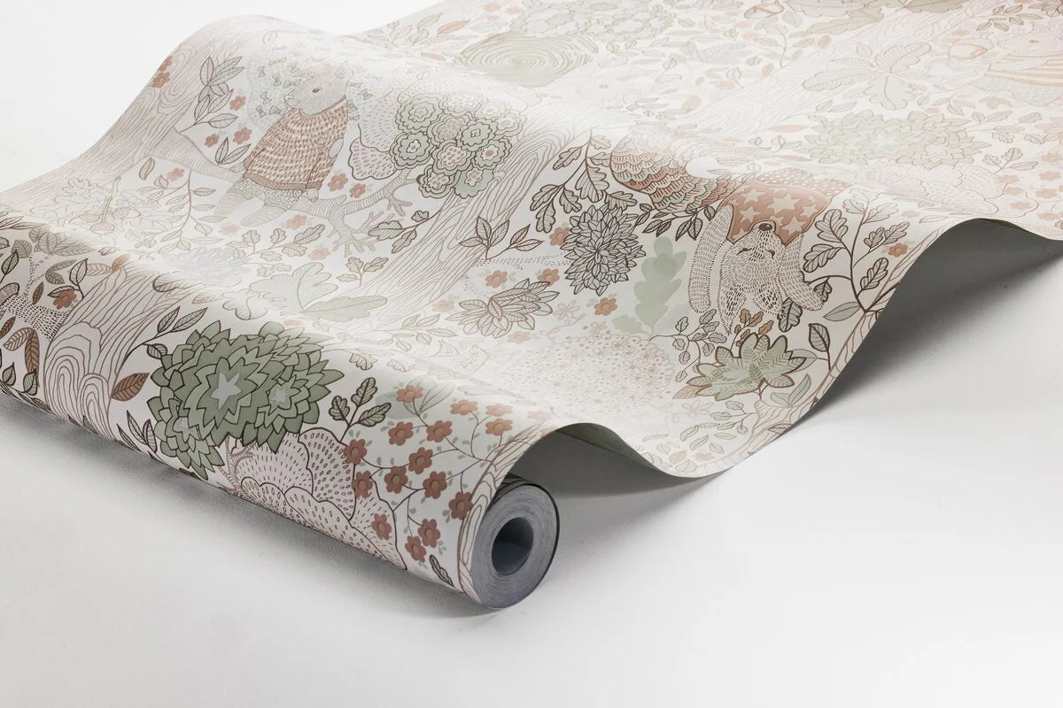 Children's wallpaper with a fairytale forest theme CHARLIE cream with green