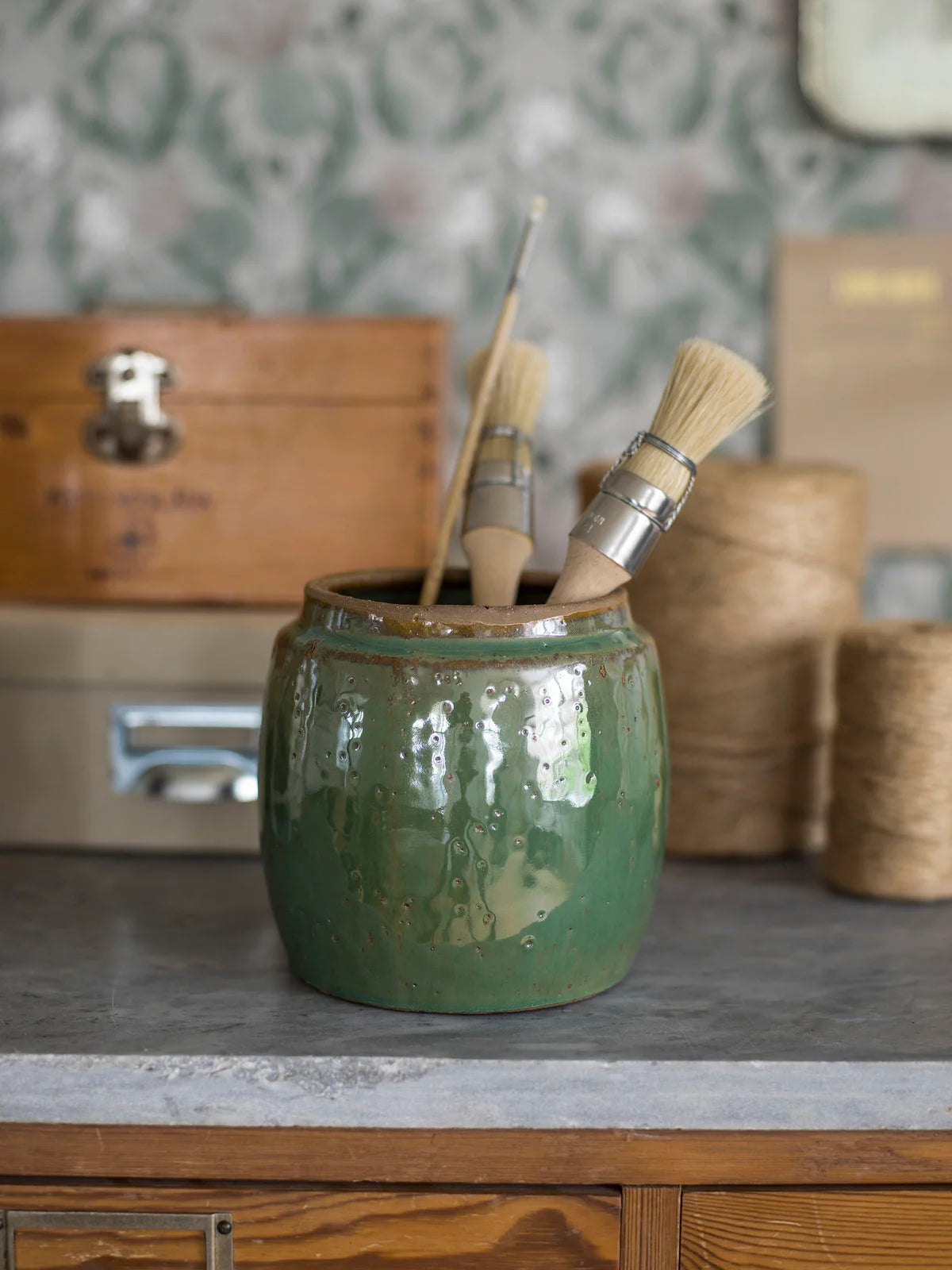 Thistle Plant Pattern Wallpaper in Muted Green with Pink and Beige