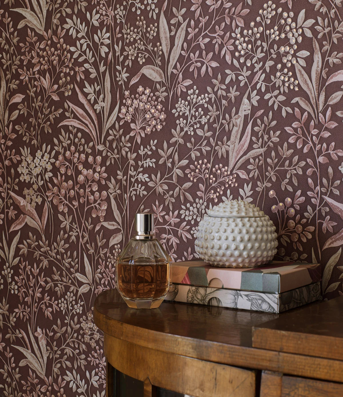 Non-woven paper wallpaper with a botanical pattern NOCTURNE burgundy