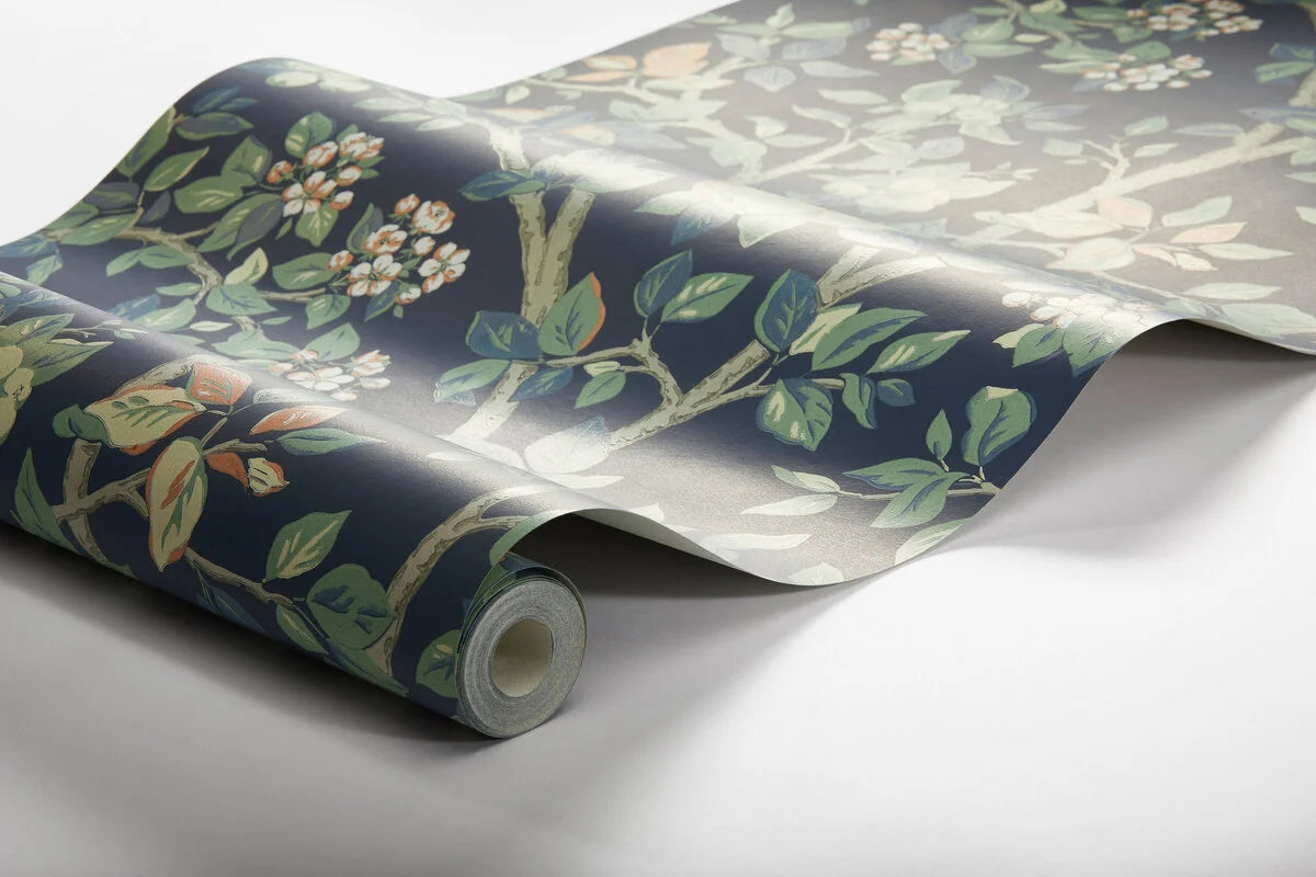 Wallpaper with a fruit tree plant pattern INGRID MARIE dark blue with green