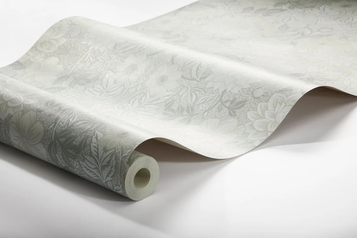 Non-woven paper wallpaper with a floral pattern DAHLIA GARDEN gray-beige with white