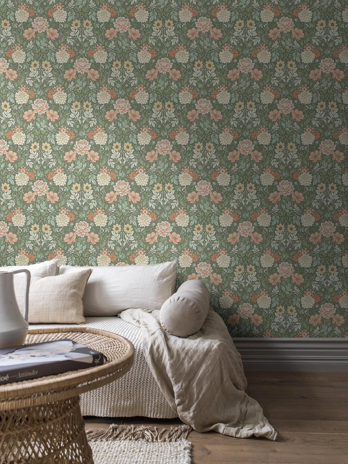Non-woven paper wallpaper with a floral pattern DAHLIA GARDEN green with cream and pink