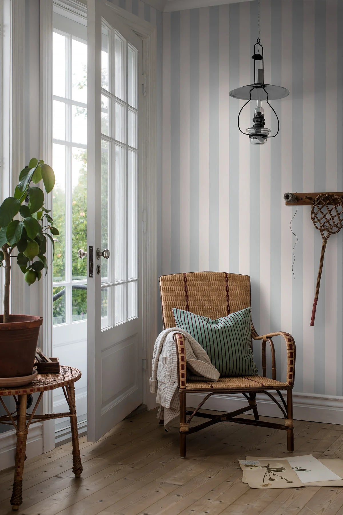 Non-woven paper wallpaper in stripes FALSTERBO STRIPE white with blue