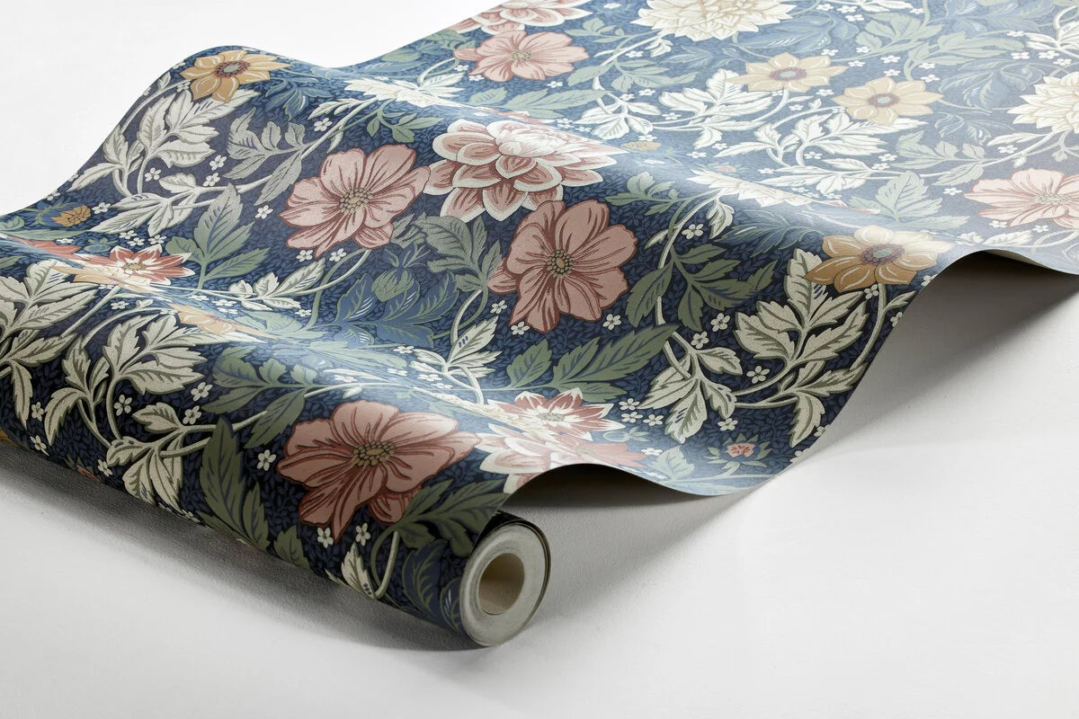 Non-woven paper wallpaper with a floral pattern DAHLIA GARDEN dark blue with beige and pink