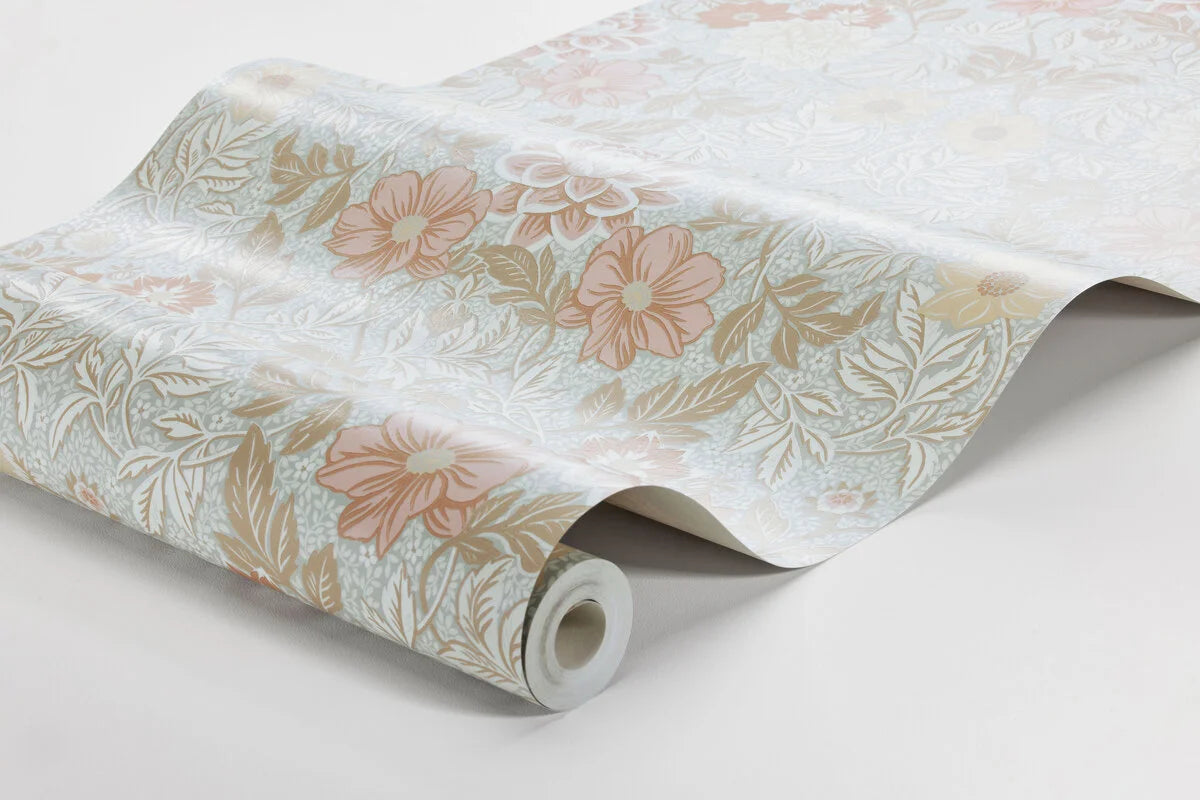 Non-woven paper wallpaper with a floral pattern DAHLIA GARDEN in blue and beige