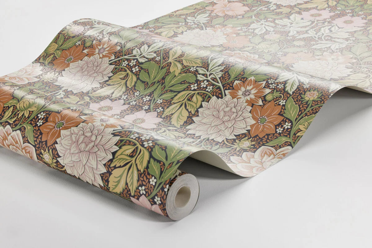 Non-woven paper wallpaper with a floral pattern DAHLIA GARDEN light green with pink
