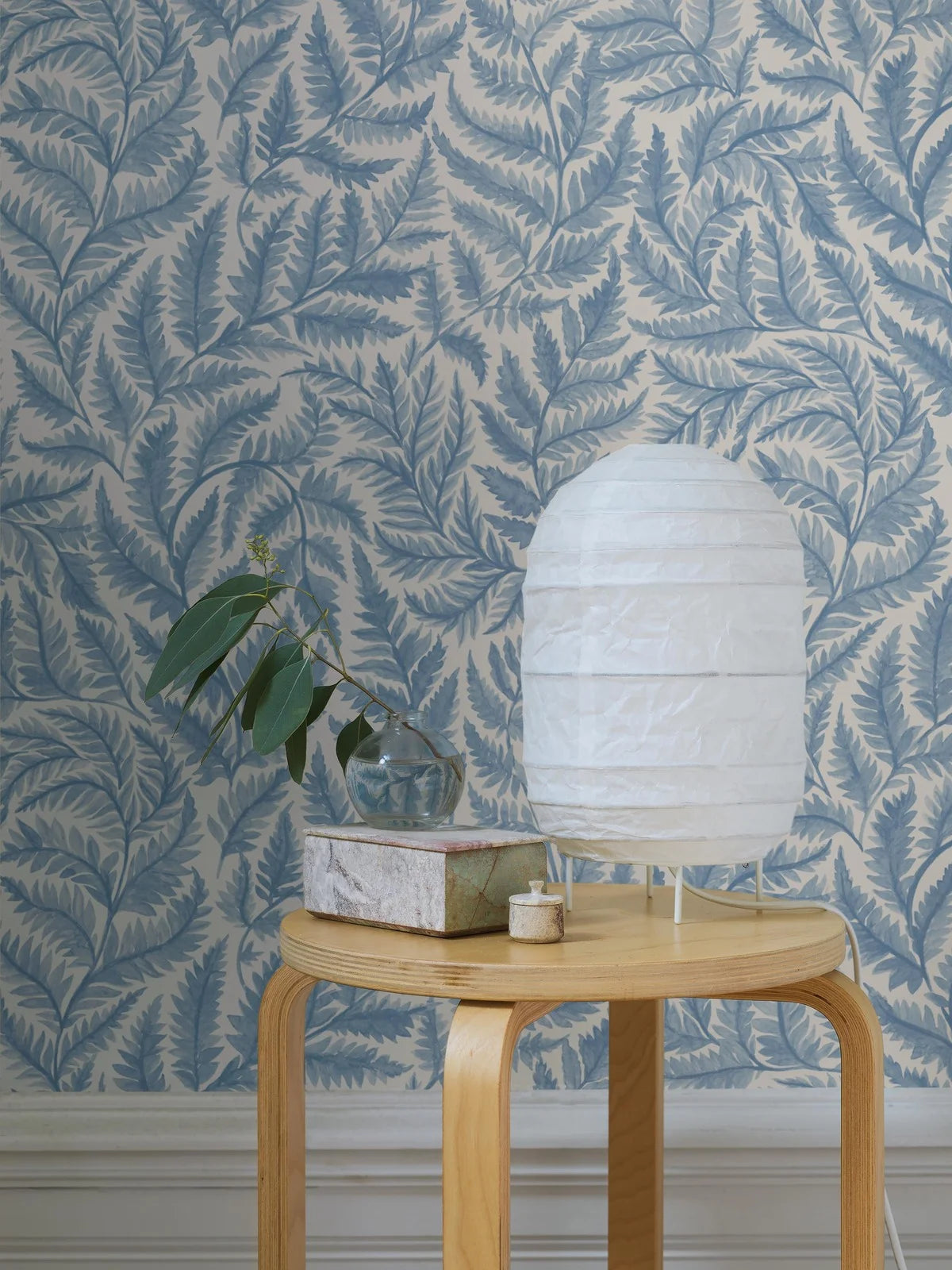 Non-woven paper wallpaper with a plant pattern FERNS light blue with white