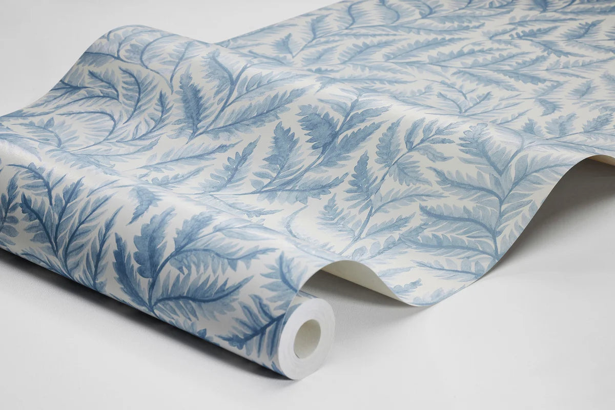 Non-woven paper wallpaper with a plant pattern FERNS light blue with white