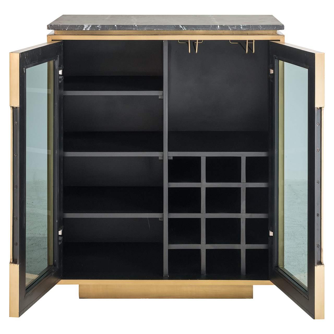 FINSBURY glass-fronted sideboard in antique gold with black marble