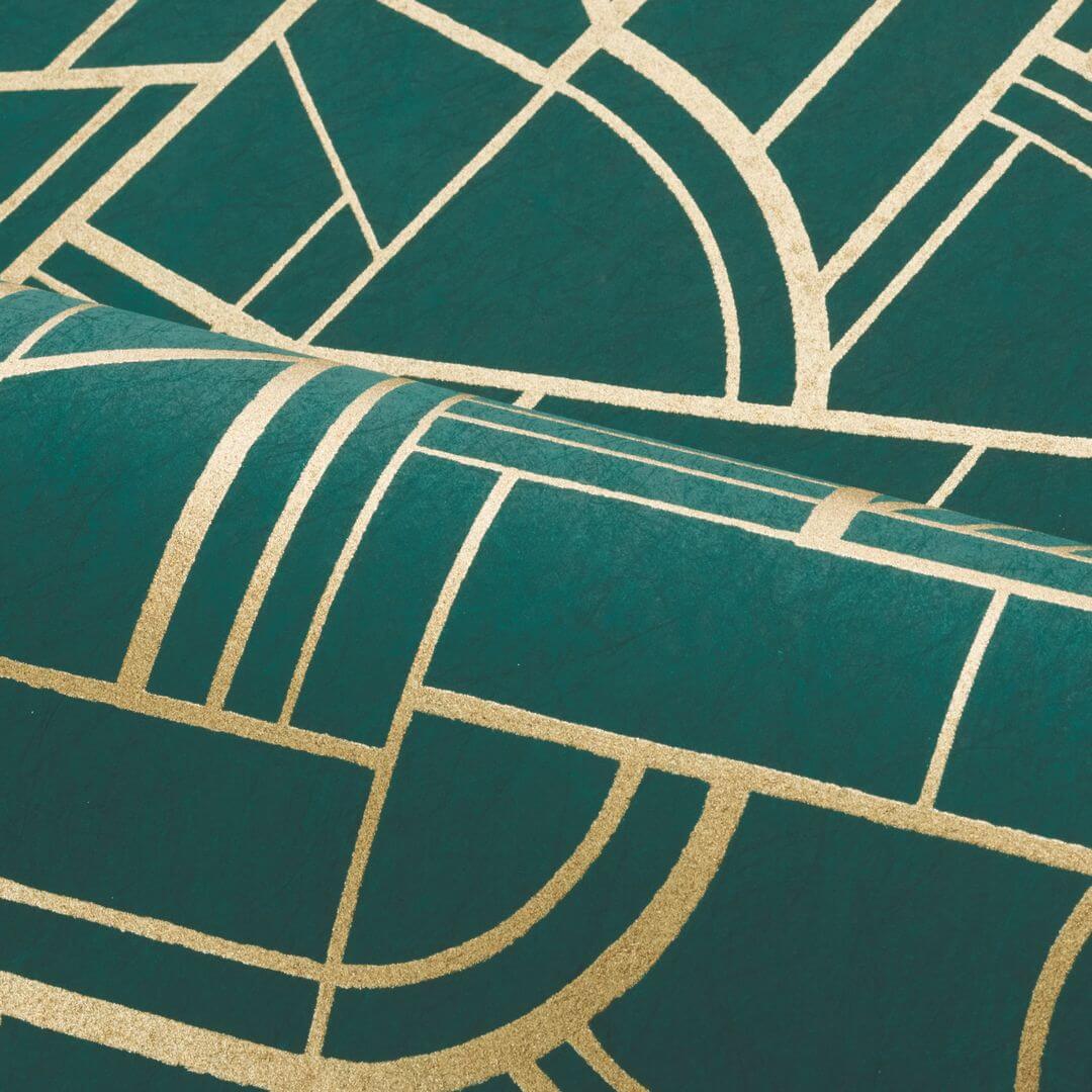 Metallic Wallpaper with Geometric Pattern CINÉTIQUE - TEAL/GOLD green with gold