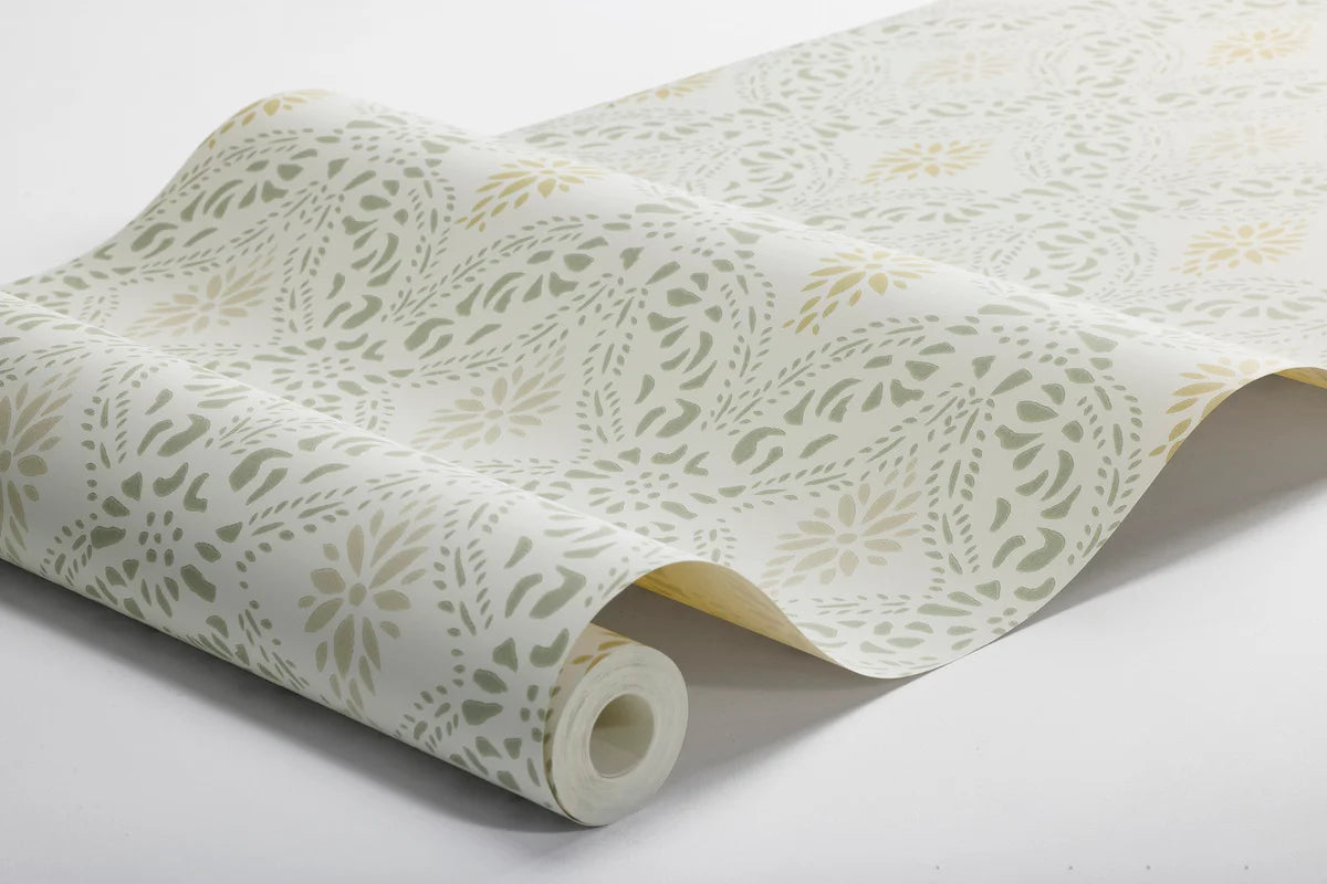 Non-woven paper wallpaper with geometric pattern KVARNHOLMEN white with green