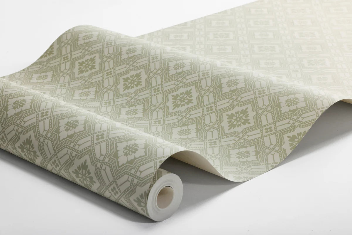Non-woven paper wallpaper with geometric pattern FRIEDRICH green and white