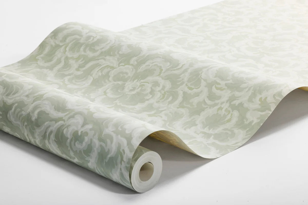 Non-woven paper wallpaper with a botanical pattern ÄNGGÅRDEN green with white