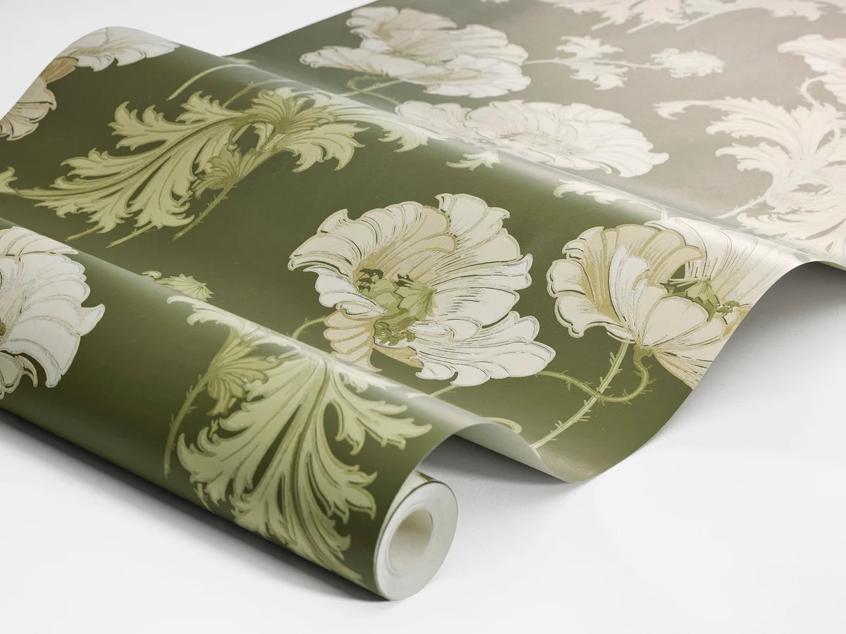 Non-woven paper wallpaper with a floral pattern VALLMO green with light beige