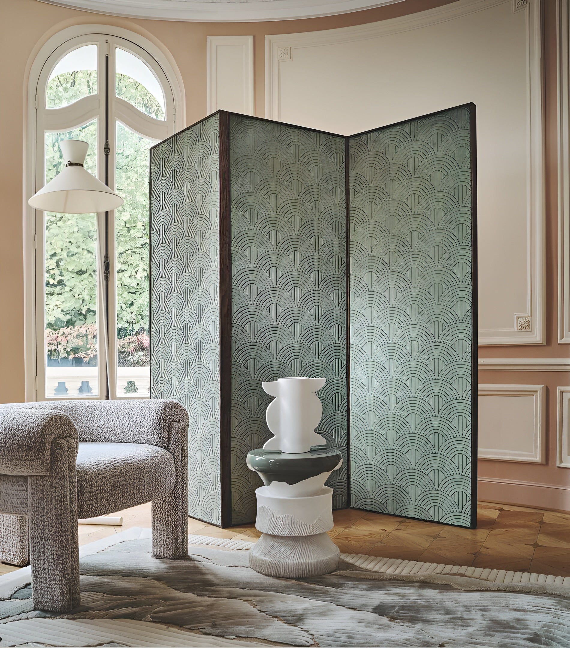 Textile wallpaper with geometric pattern VOLUTIS - MUSTARD mustard