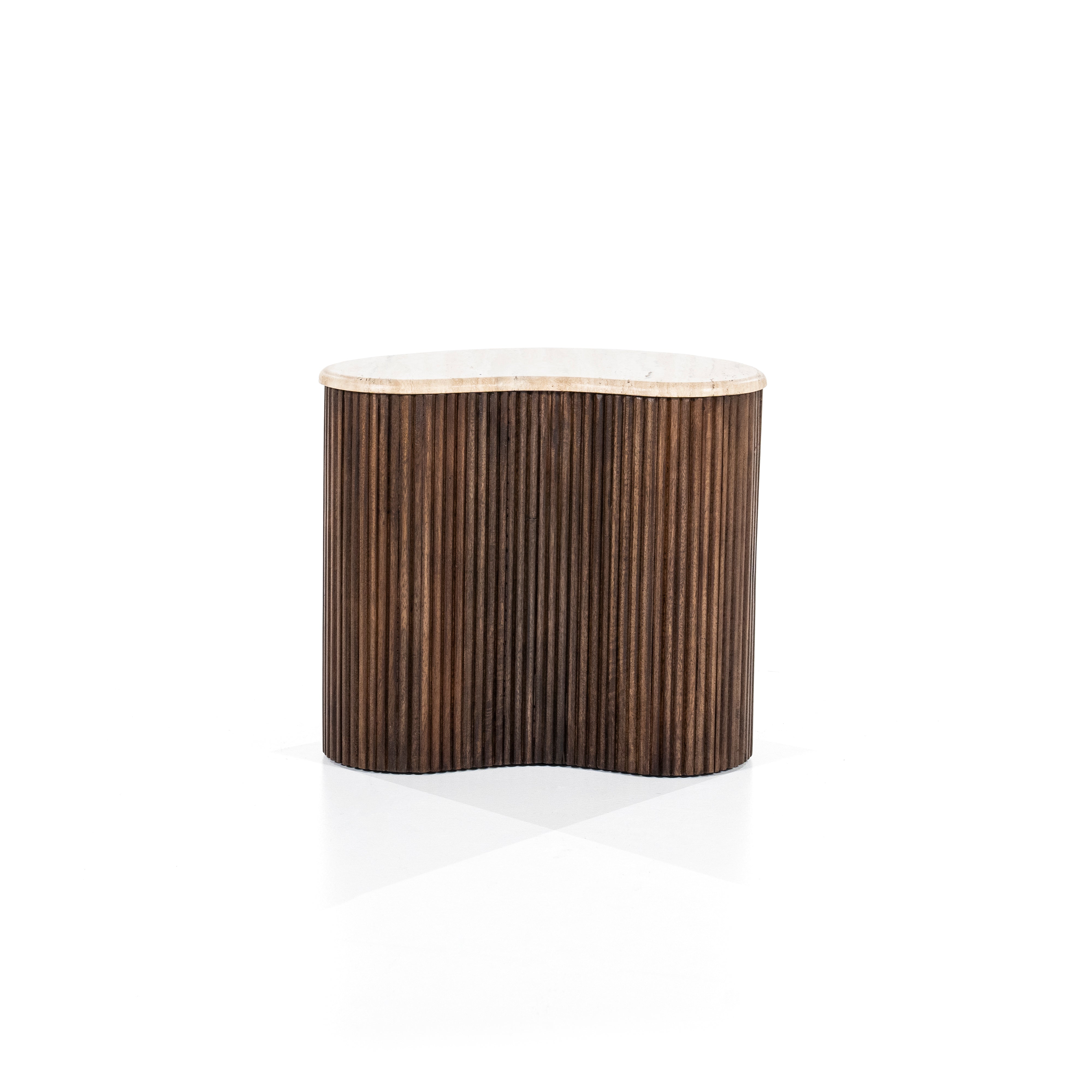 MARI side table made of mango wood with a travertine top