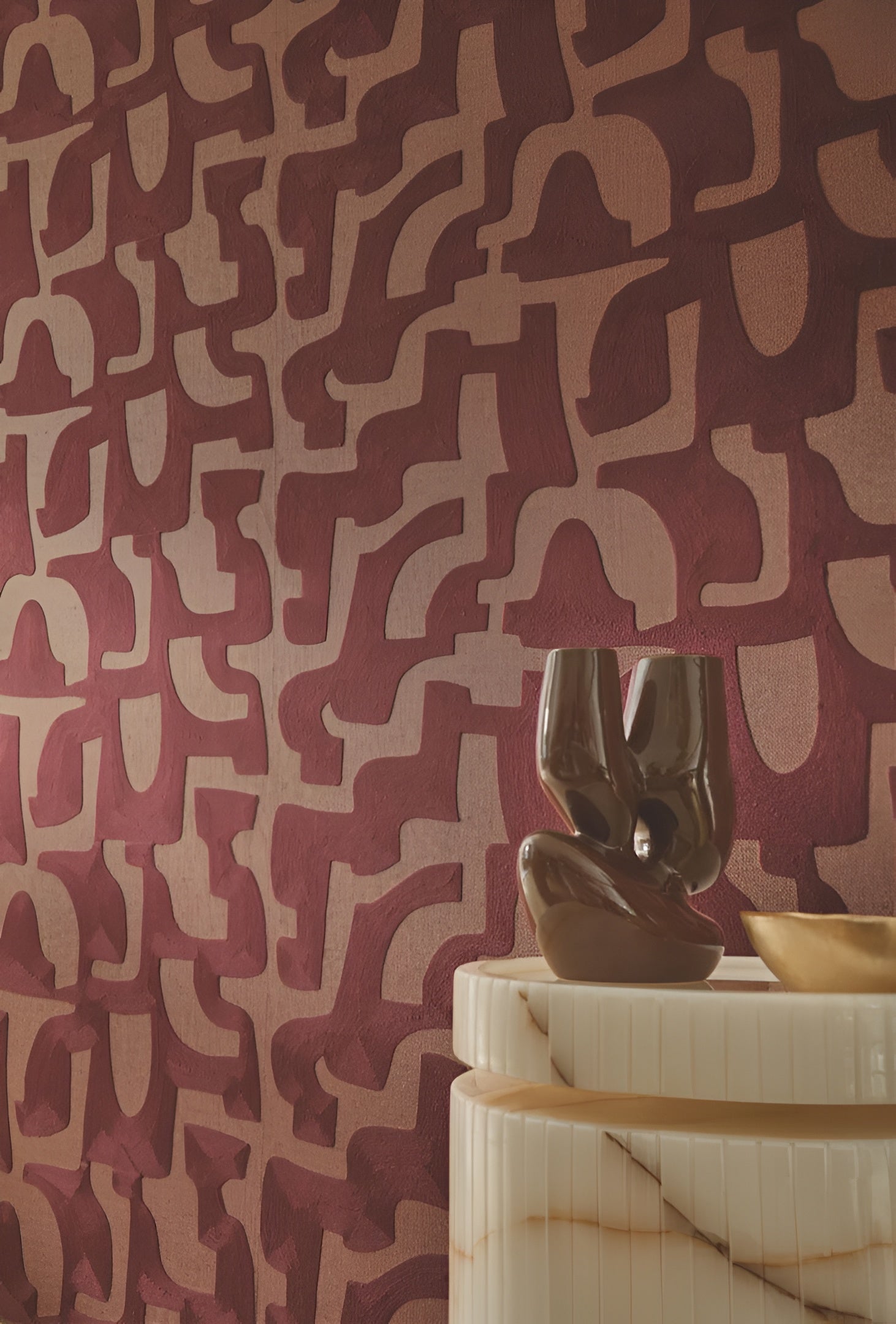 Embroidered wallpaper with geometric pattern SONATE - ROUGE SIENNE BRULÉE red-brown