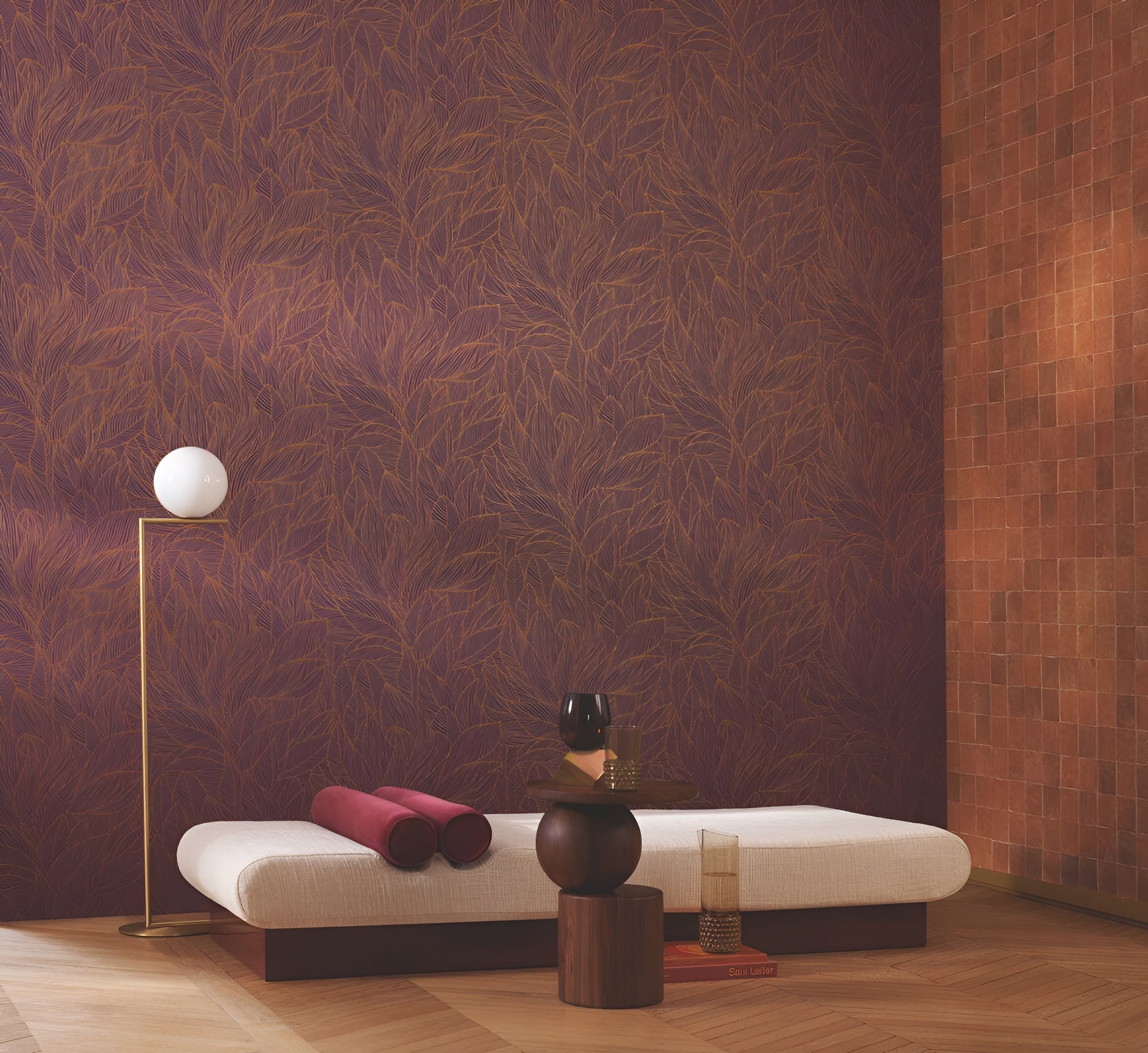 Non-woven wallpaper with a plant motif HOSTA - PURPLE/BRONZE purple with bronze