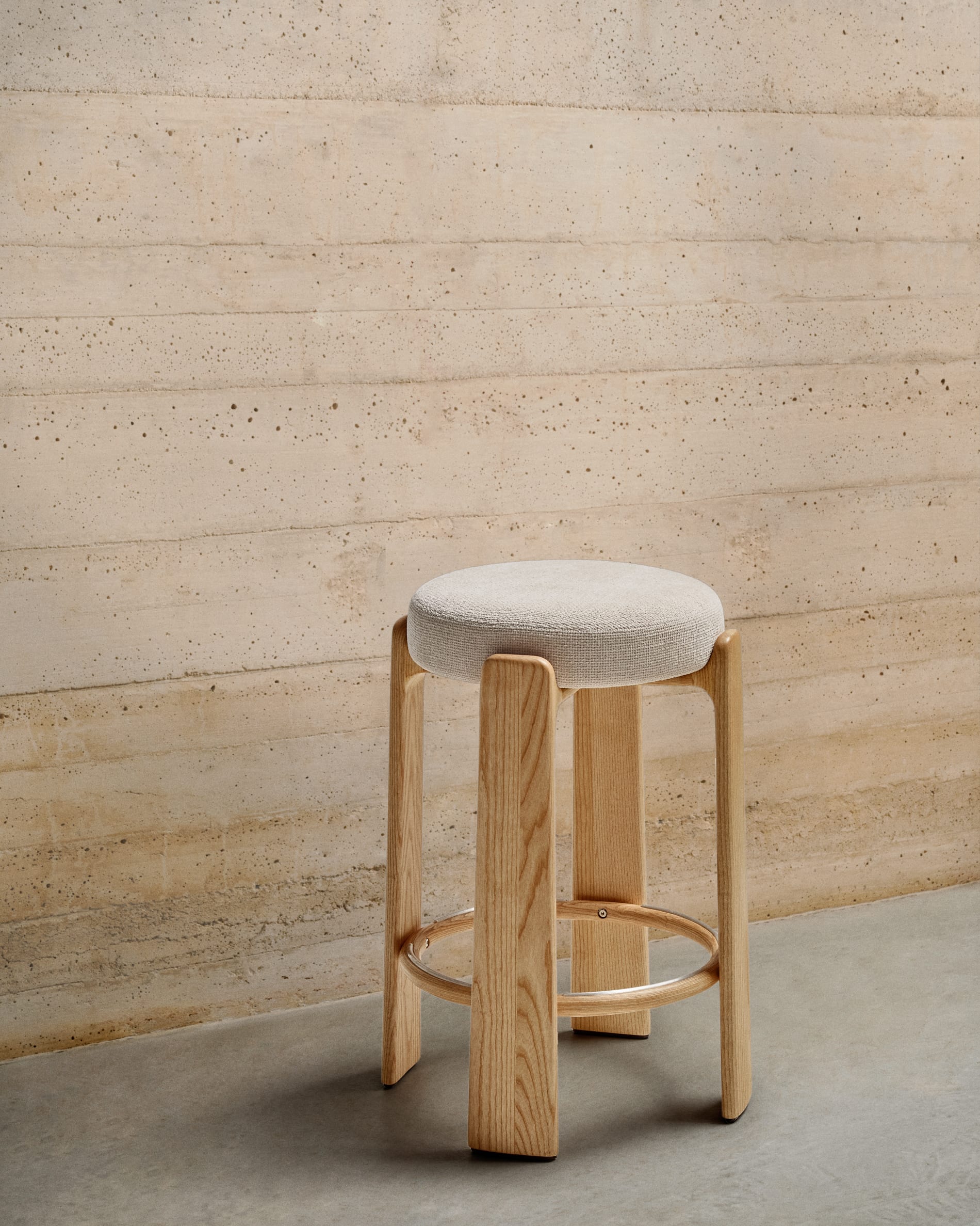 Beige chenille bar stool with ash base [Amelia]