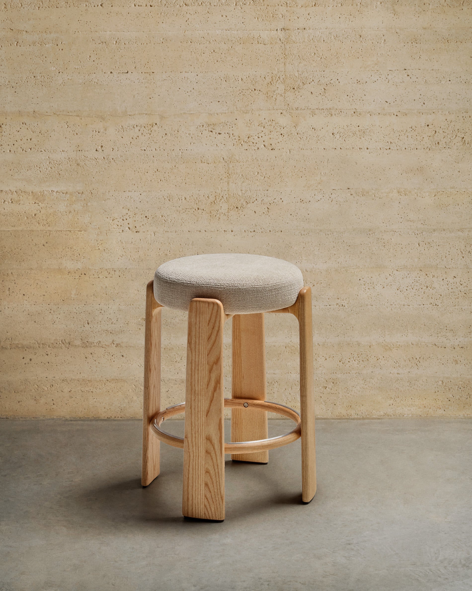 Beige chenille bar stool with ash base [Amelia]