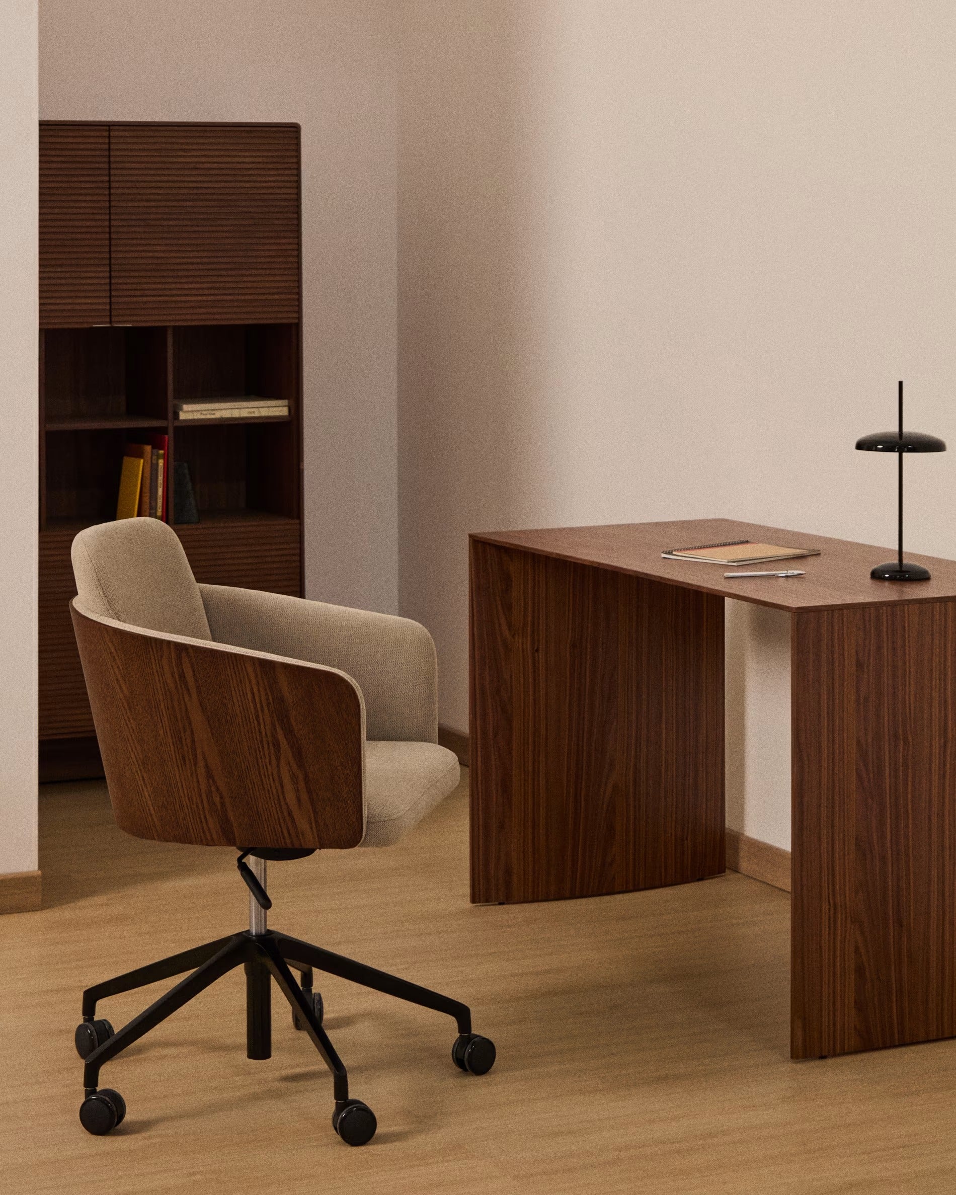 MADAI office chair brown chenille with a black wheeled base