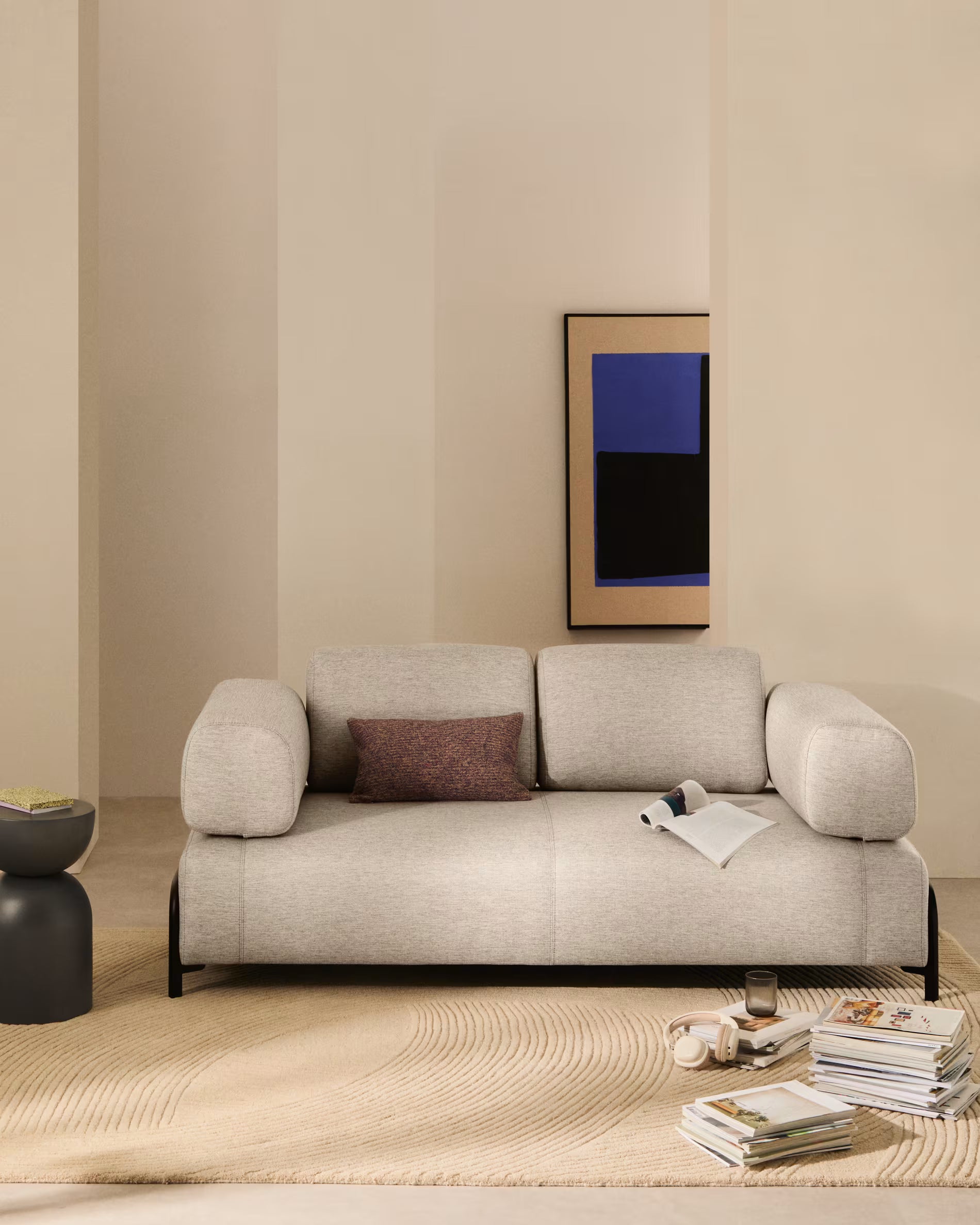 2-seater sofa with armrests COMPO gray-beige with black base