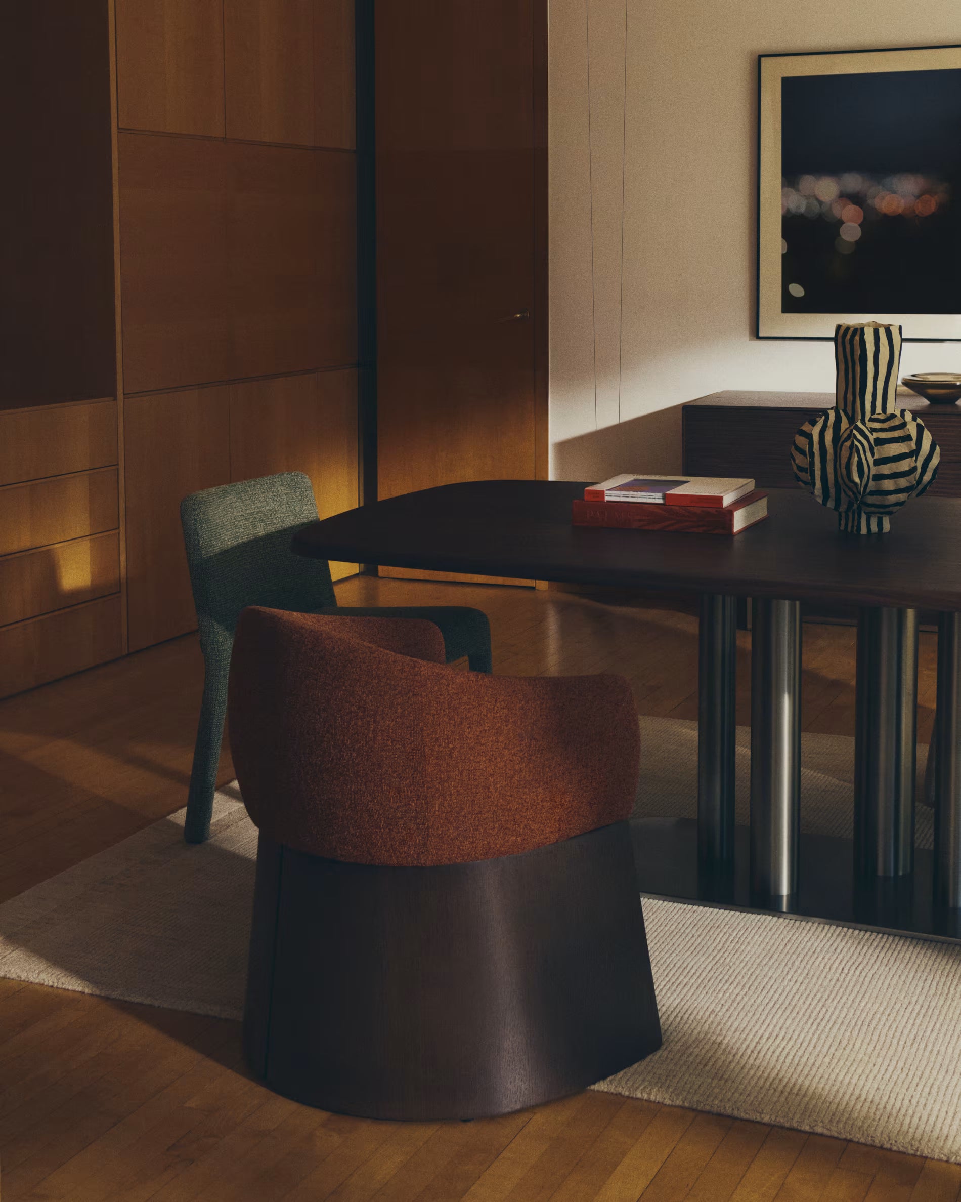 MELVAR table with walnut veneer and steel base