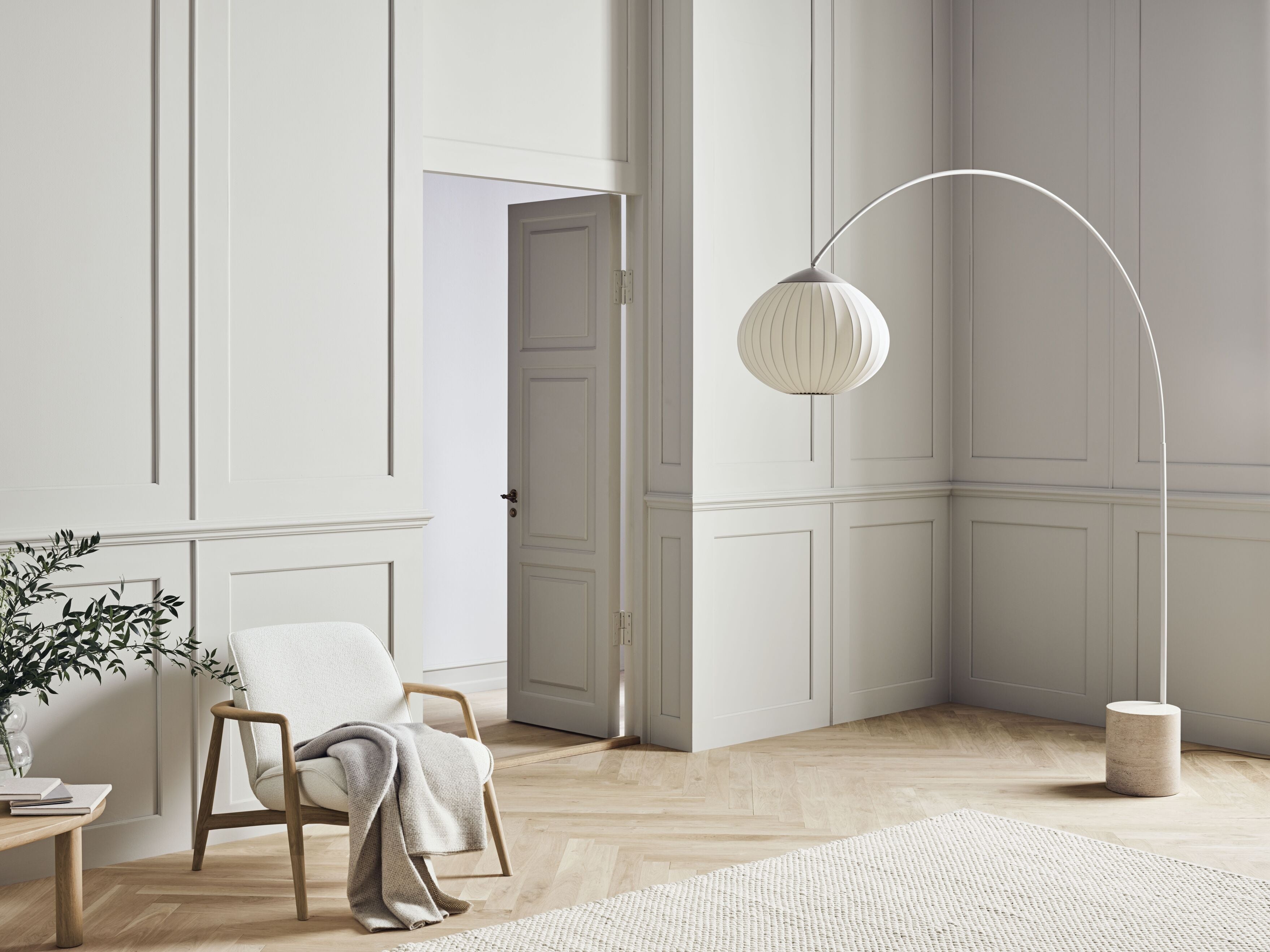 Arc floor lamp ACORN beige with travertine base