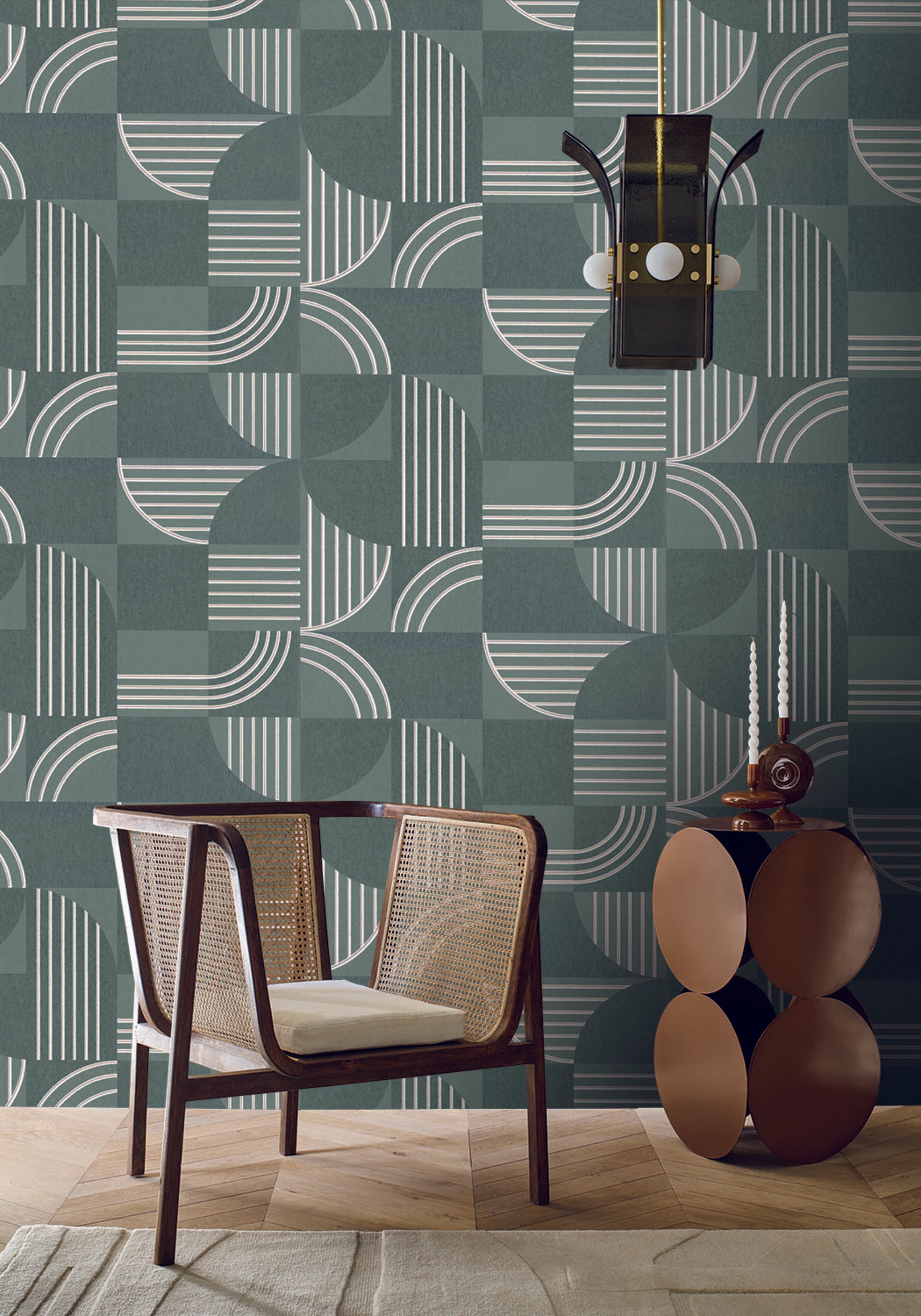 Non-woven wallpaper with a geometric pattern ANNÉES 30 - SEA GREEN gris vert