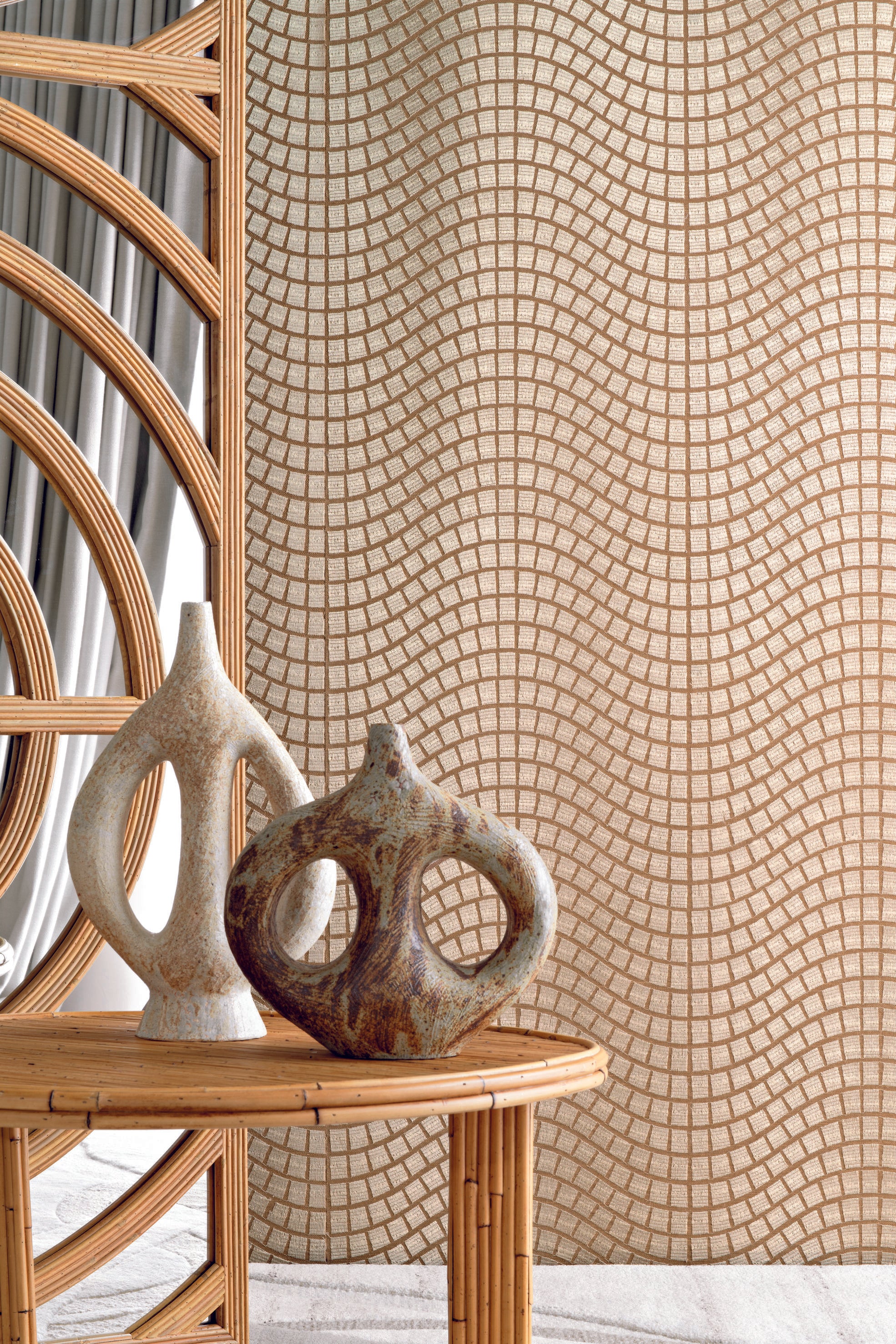 Plant fiber wallpaper with geometric pattern ONSEN - IVORY WHITE