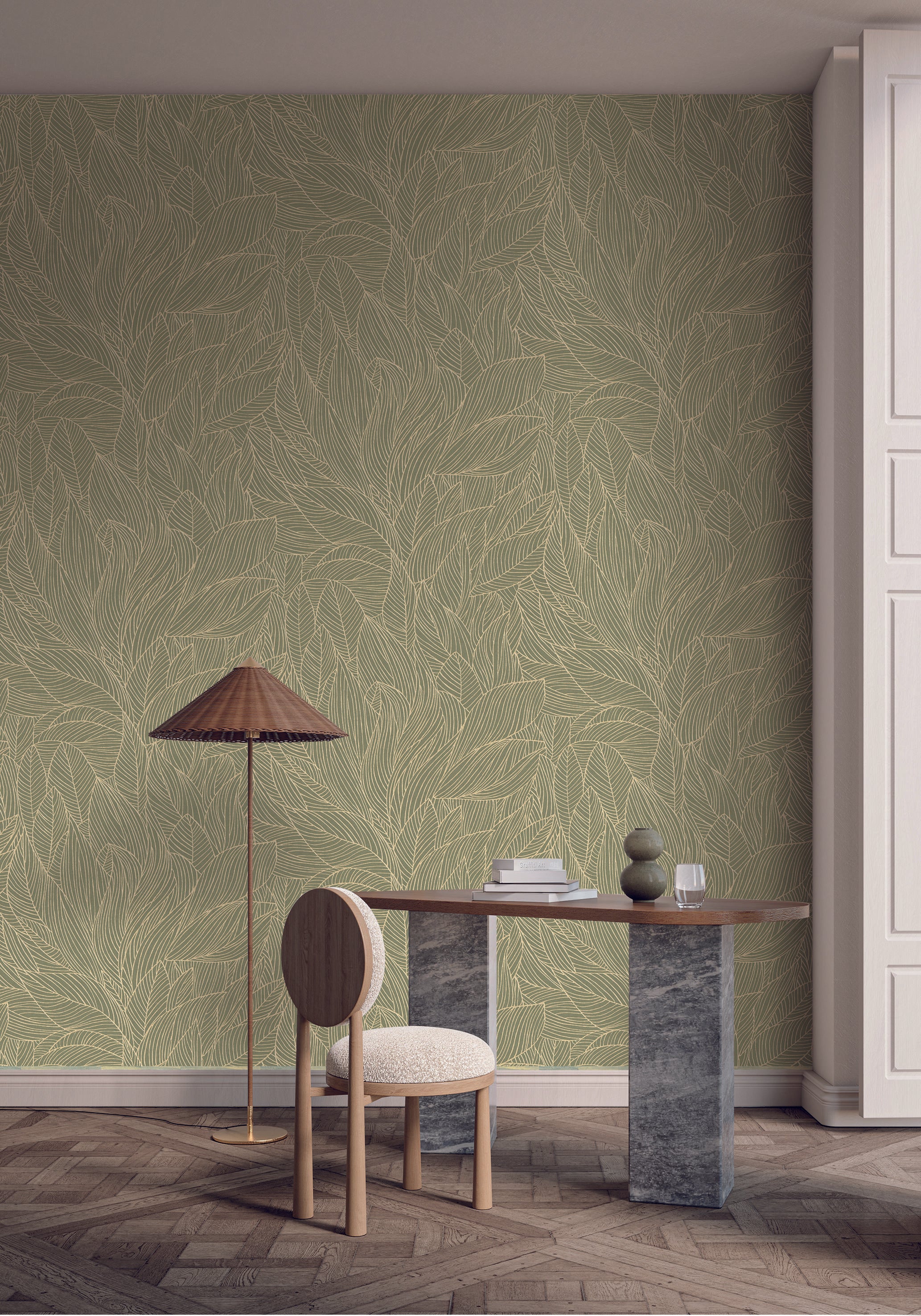 Non-woven wallpaper with a plant motif HOSTA - SAGE/GOLD sage green with gold