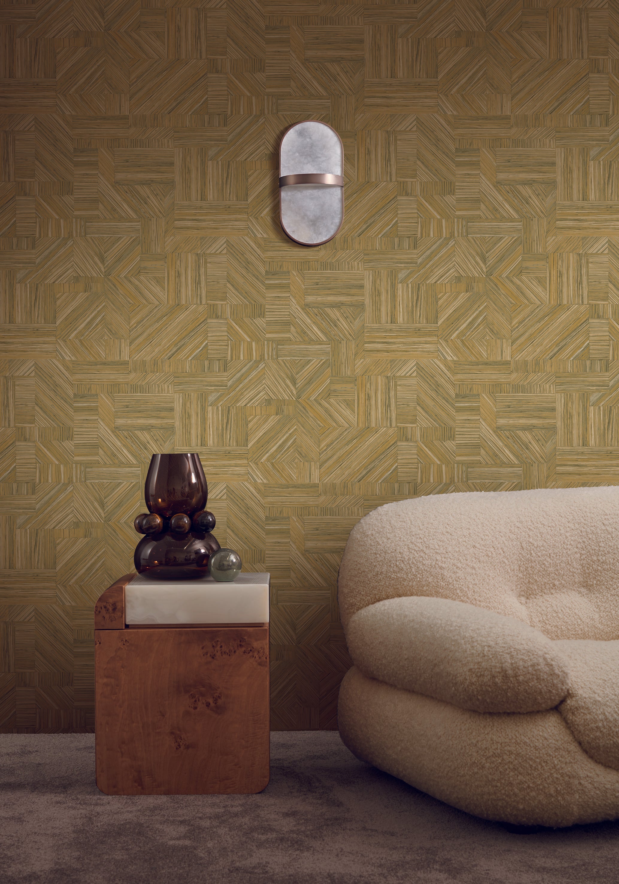 Wallpaper Imitating Straw Patchwork IMBRICATION - OLIVE CACTUS