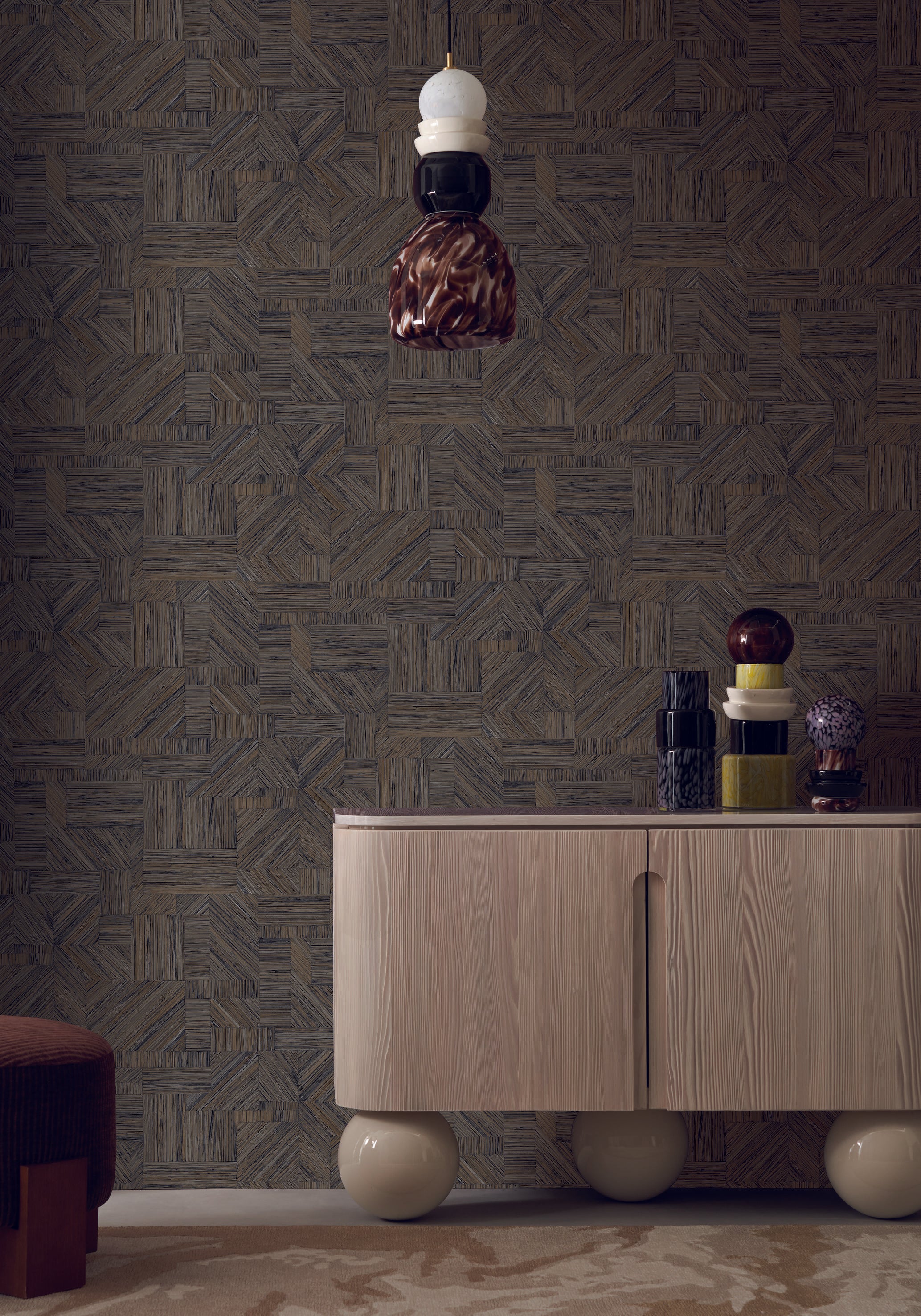 Wallpaper imitating straw patchwork IMBRICATION - EBONY ebony