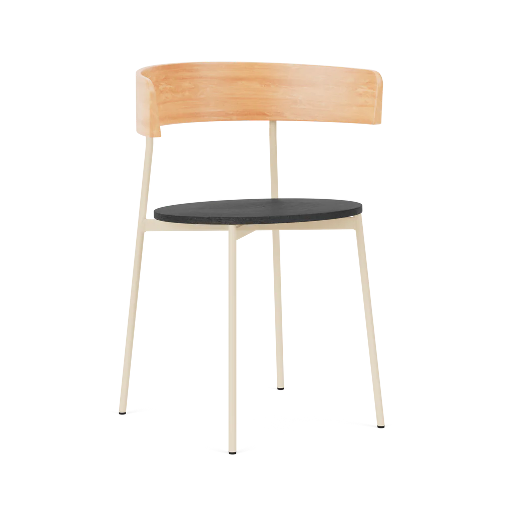 FRIDAY Armchair with Black Seat, Wooden Backrest, and Beige Base