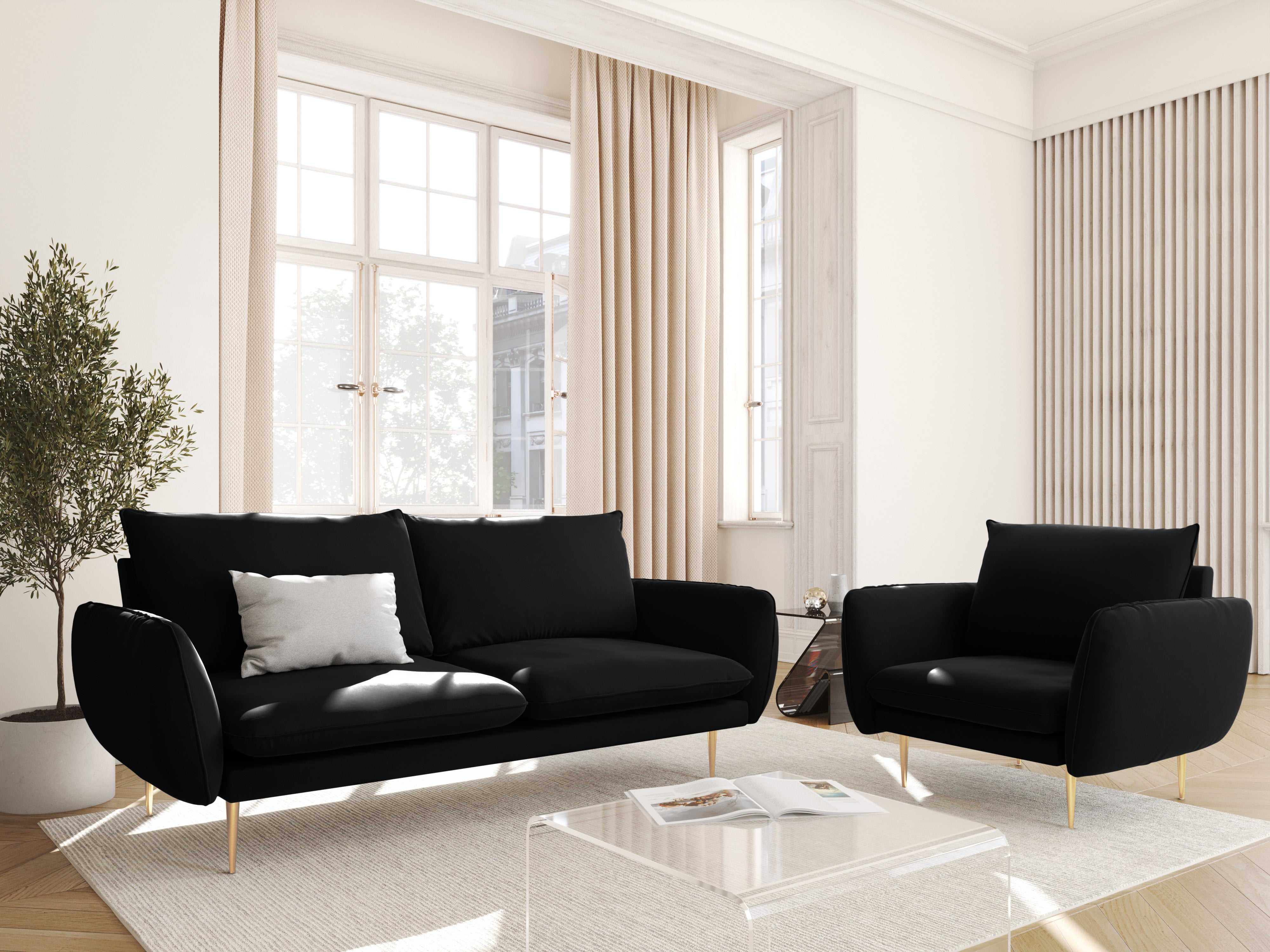 Velvet 2-seater Sofa VIENNA black with gold base