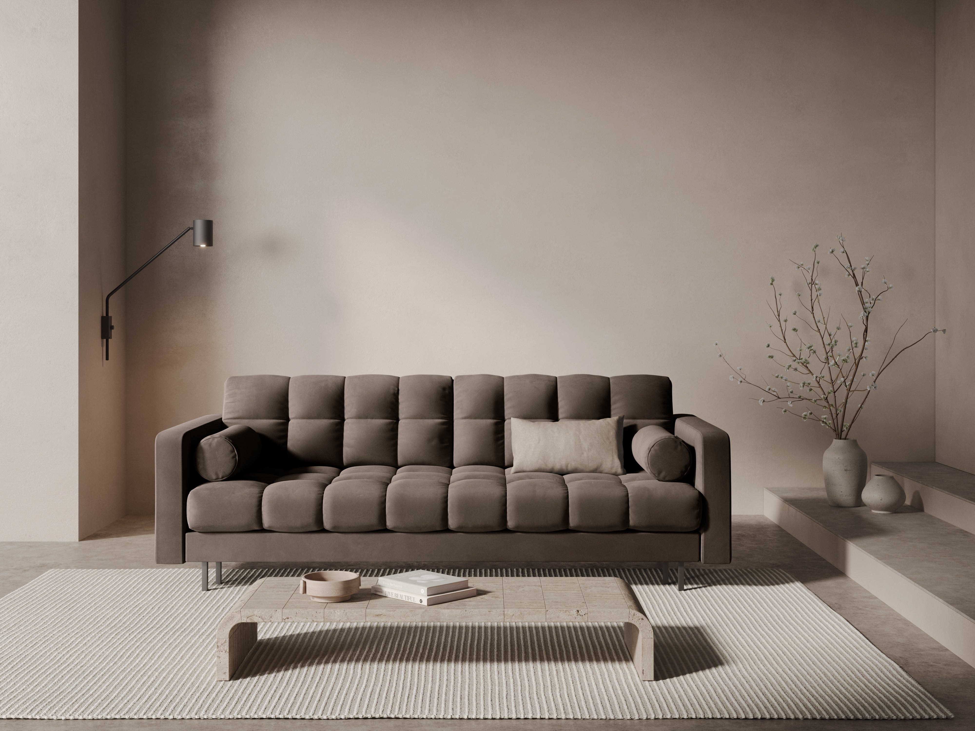 Chocolate 3-seater velvet sofa with sleeping function BALI with black base