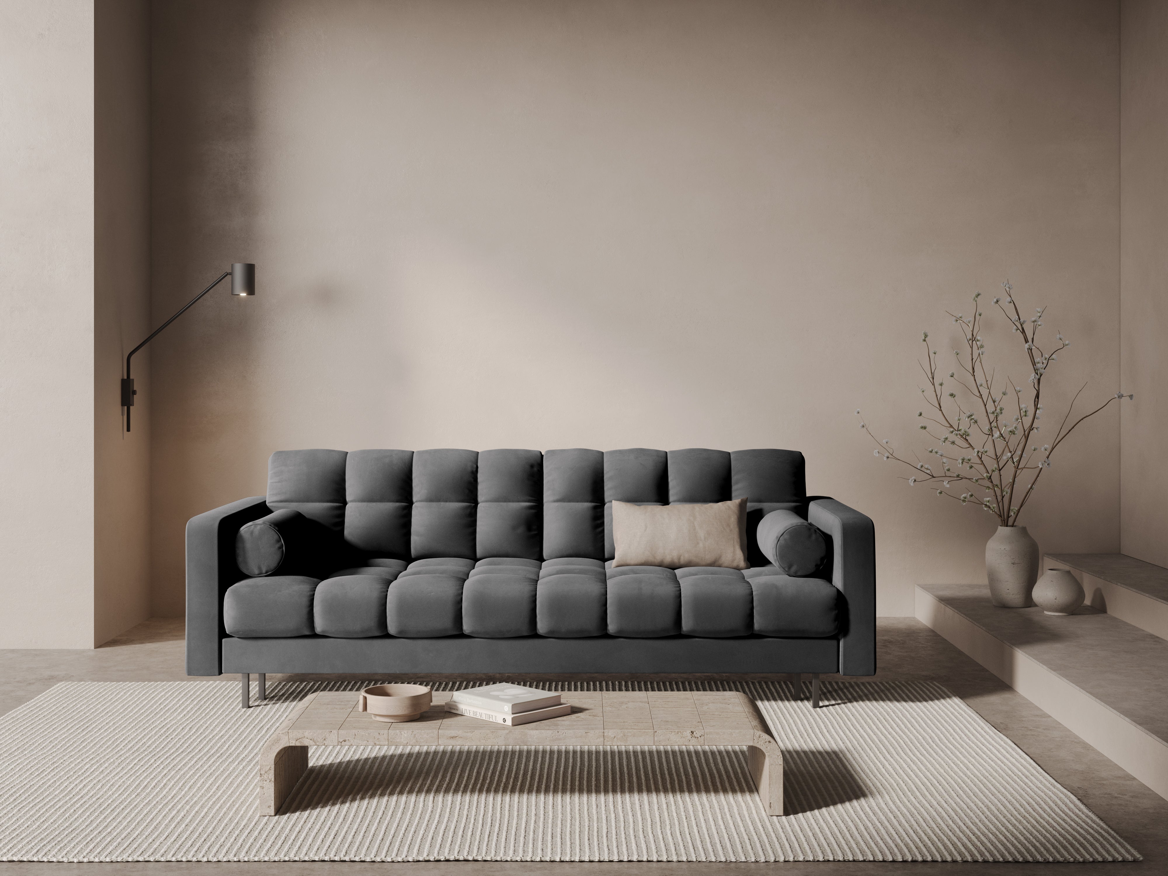 Gray velvet 3-seater sofa with sleeping function BALI with a black base