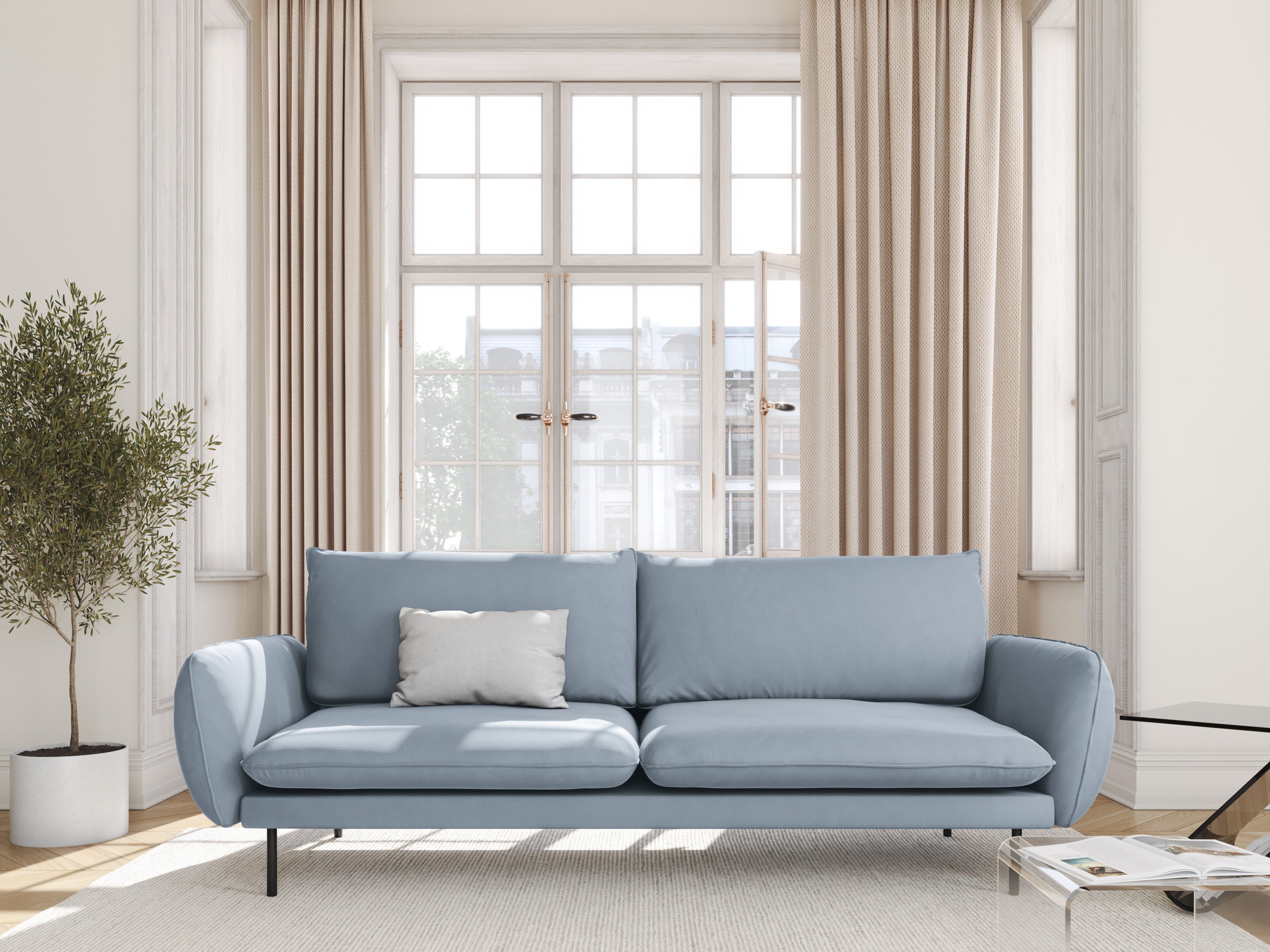 Velvet sofa 3-seater VIENNA light blue with black base
