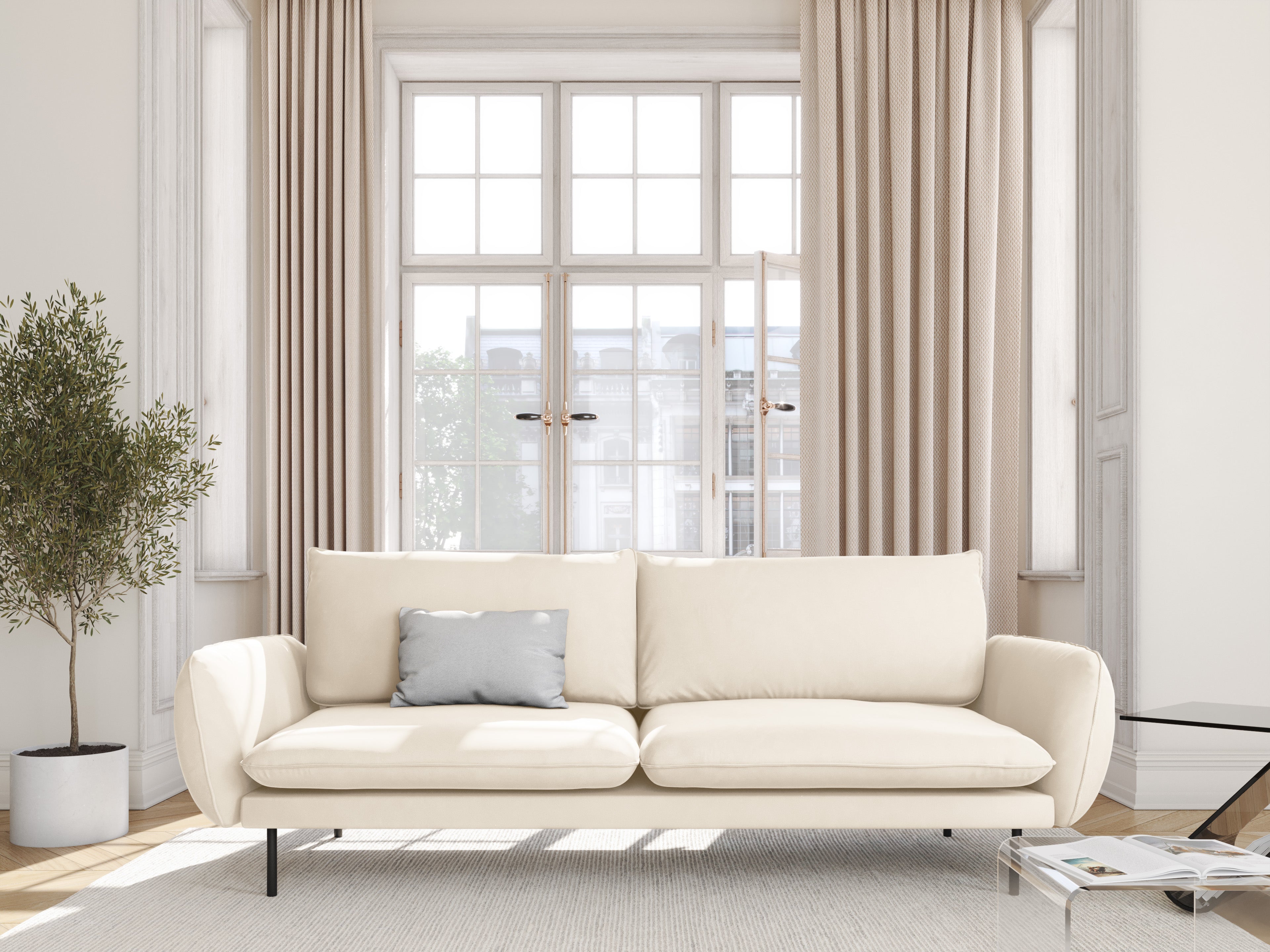 Velvet sofa for 4 people VIENNA beige with black base