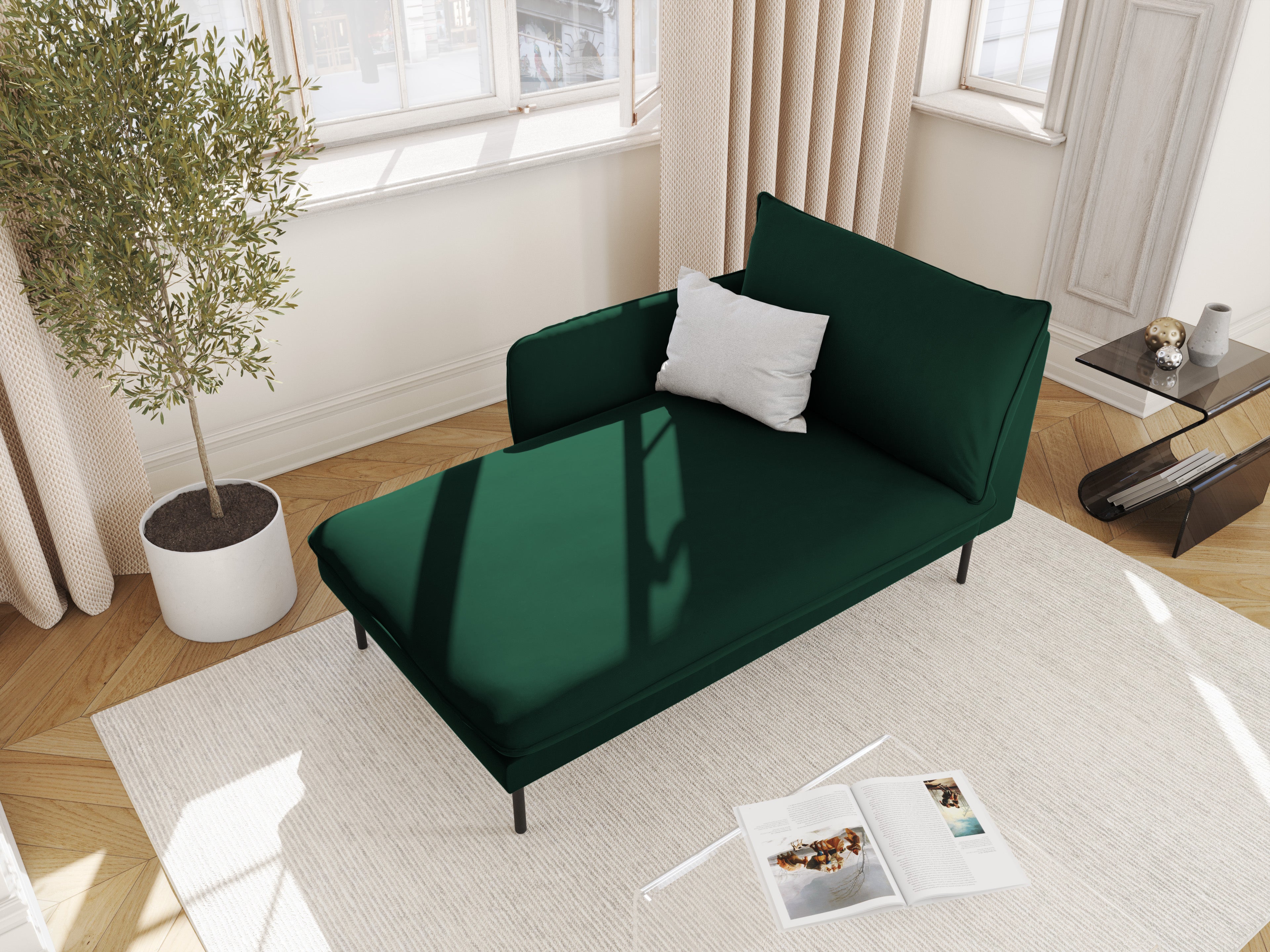 Left-facing velvet chaise longue VIENNA in bottle green with a black base