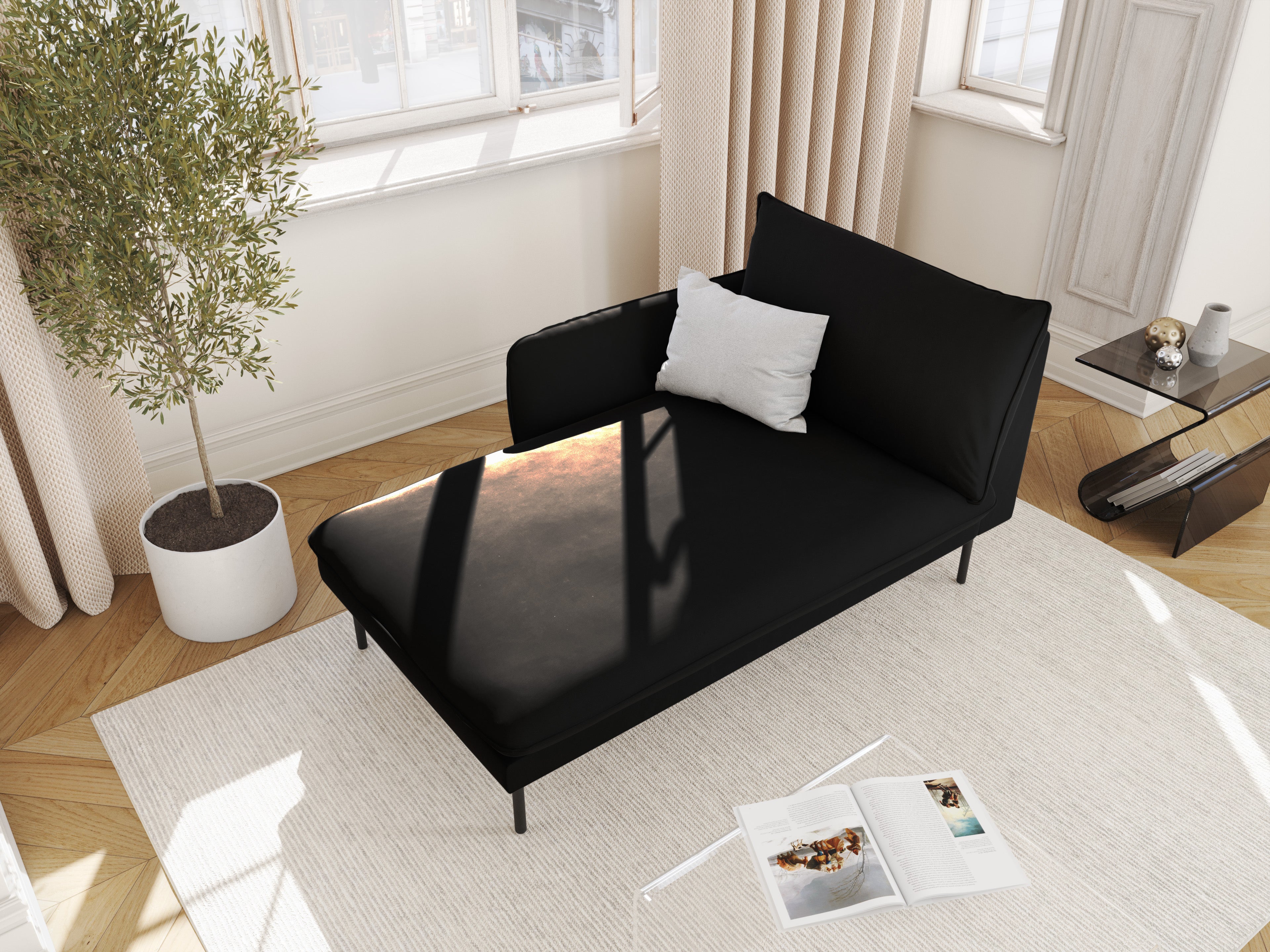 Left-facing velvet chaise longue VIENNA black with black base