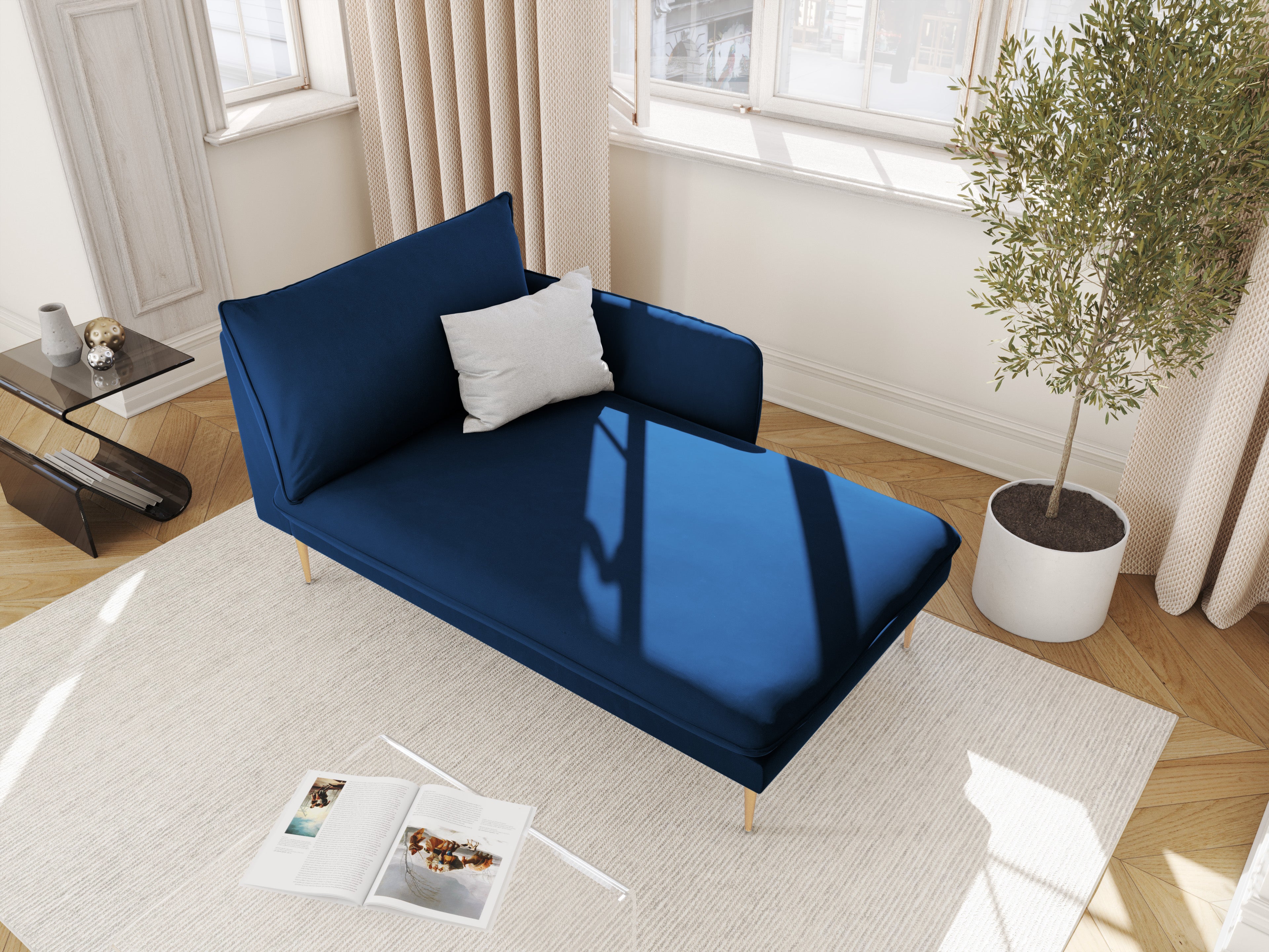 Right-facing velvet chaise longue VIENNA in royal blue with a gold base