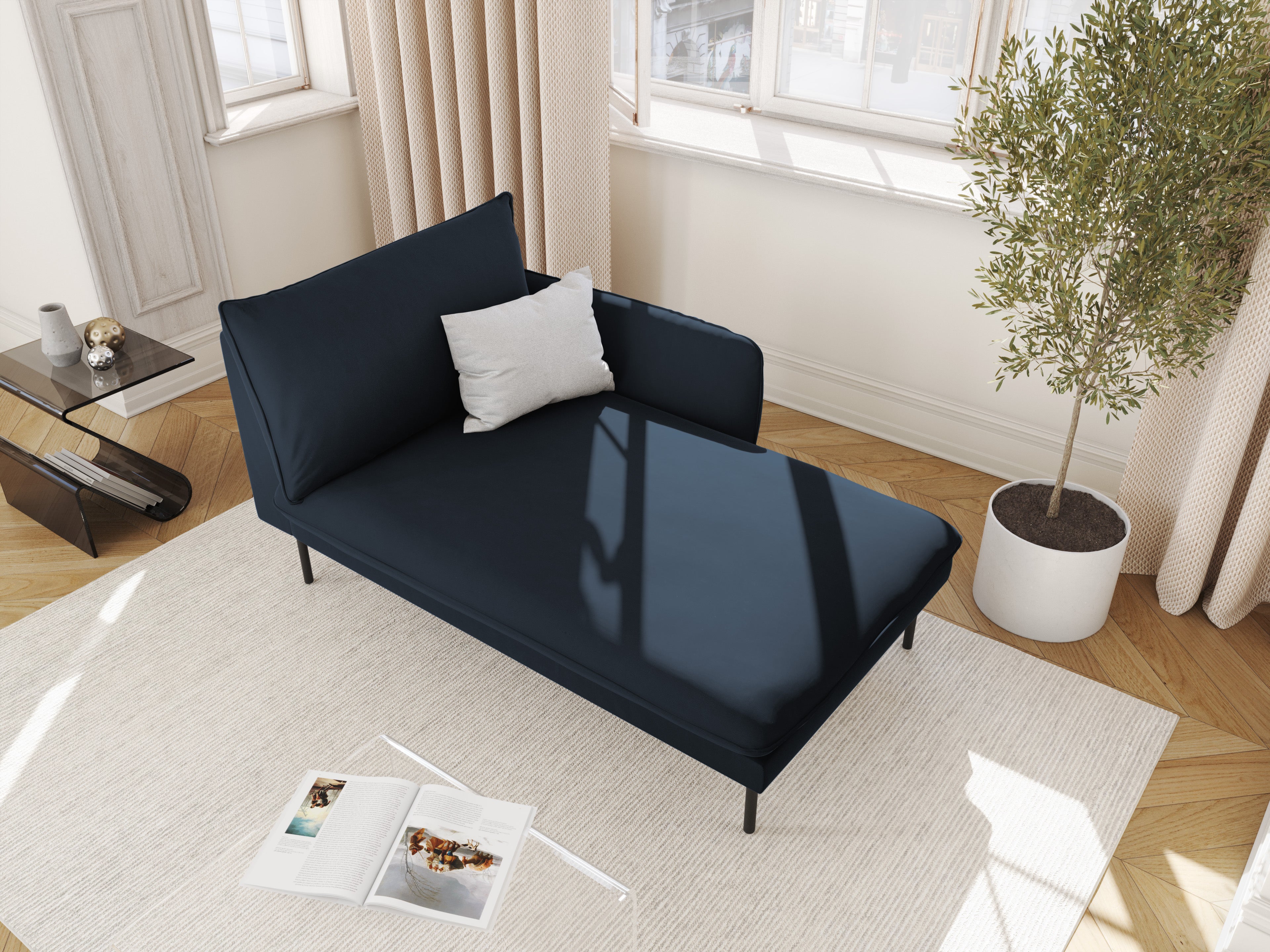 Right-facing velvet chaise longue VIENNA dark blue with black base