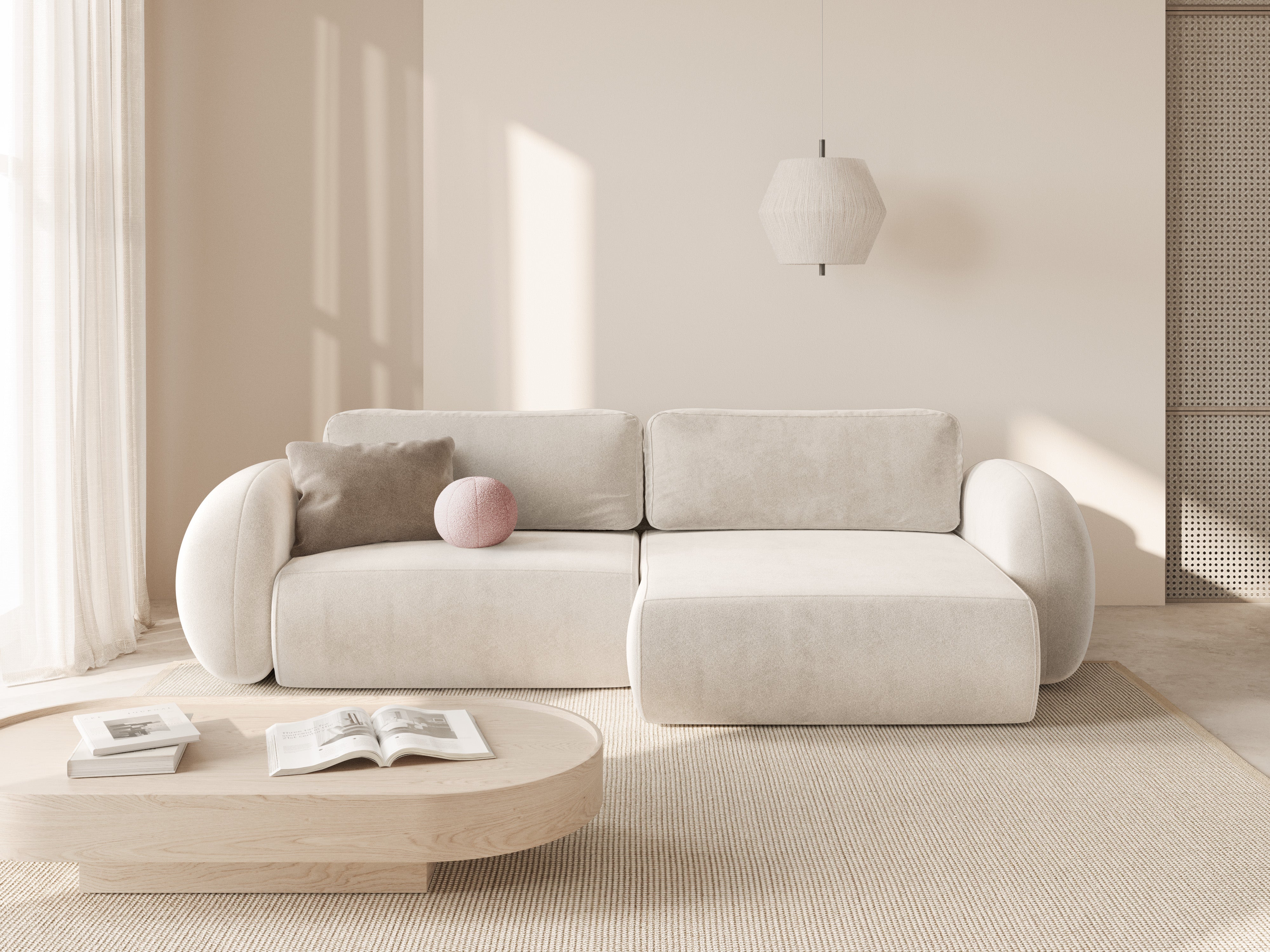 Universal velvet corner sofa with sleeping function for 4 people TONALE cream