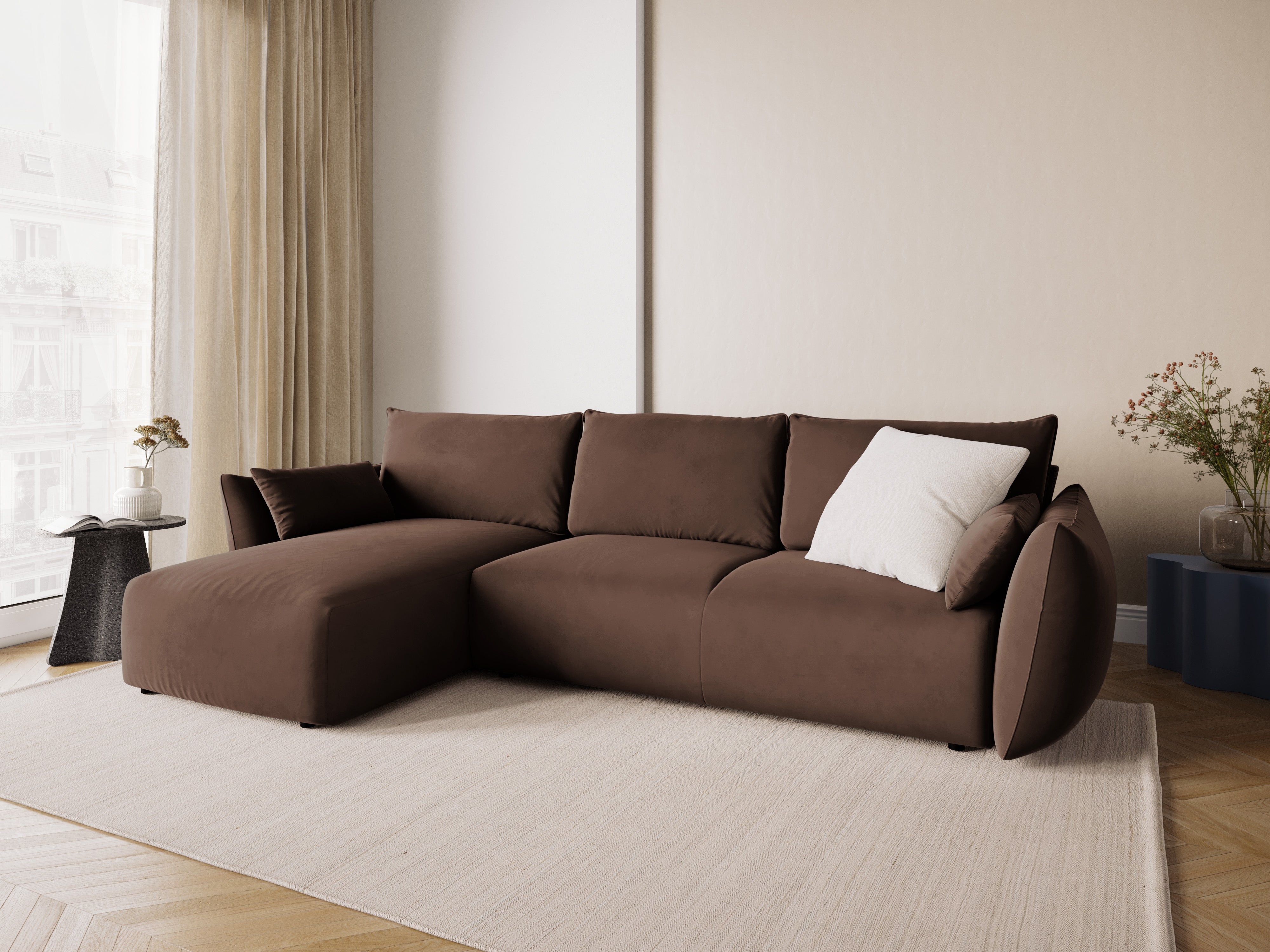 Linkes Samt-Ecksofa mit Schlaffunktion MATERA schokolade