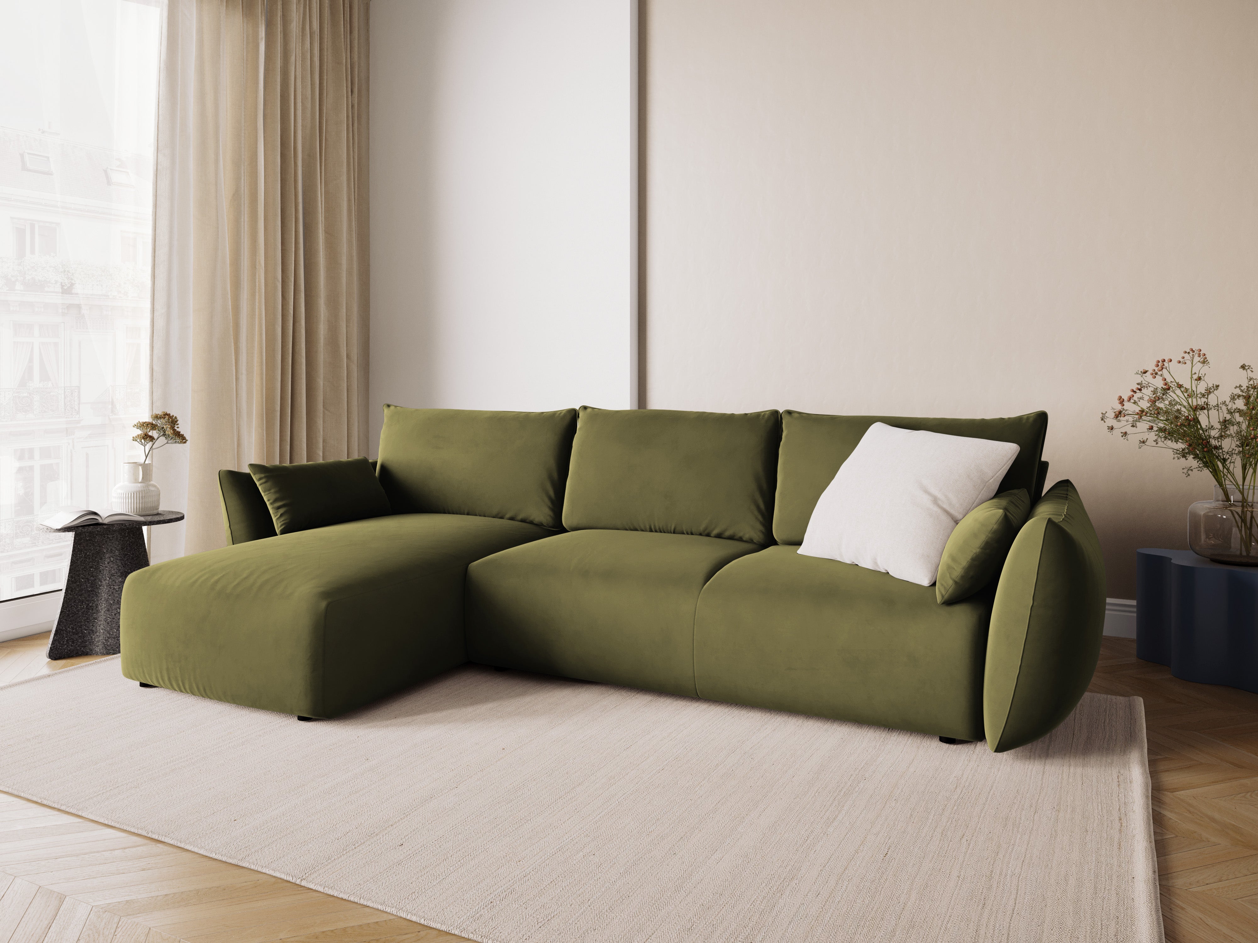 Linkes Samt-Ecksofa mit Schlaffunktion MATERA oliv