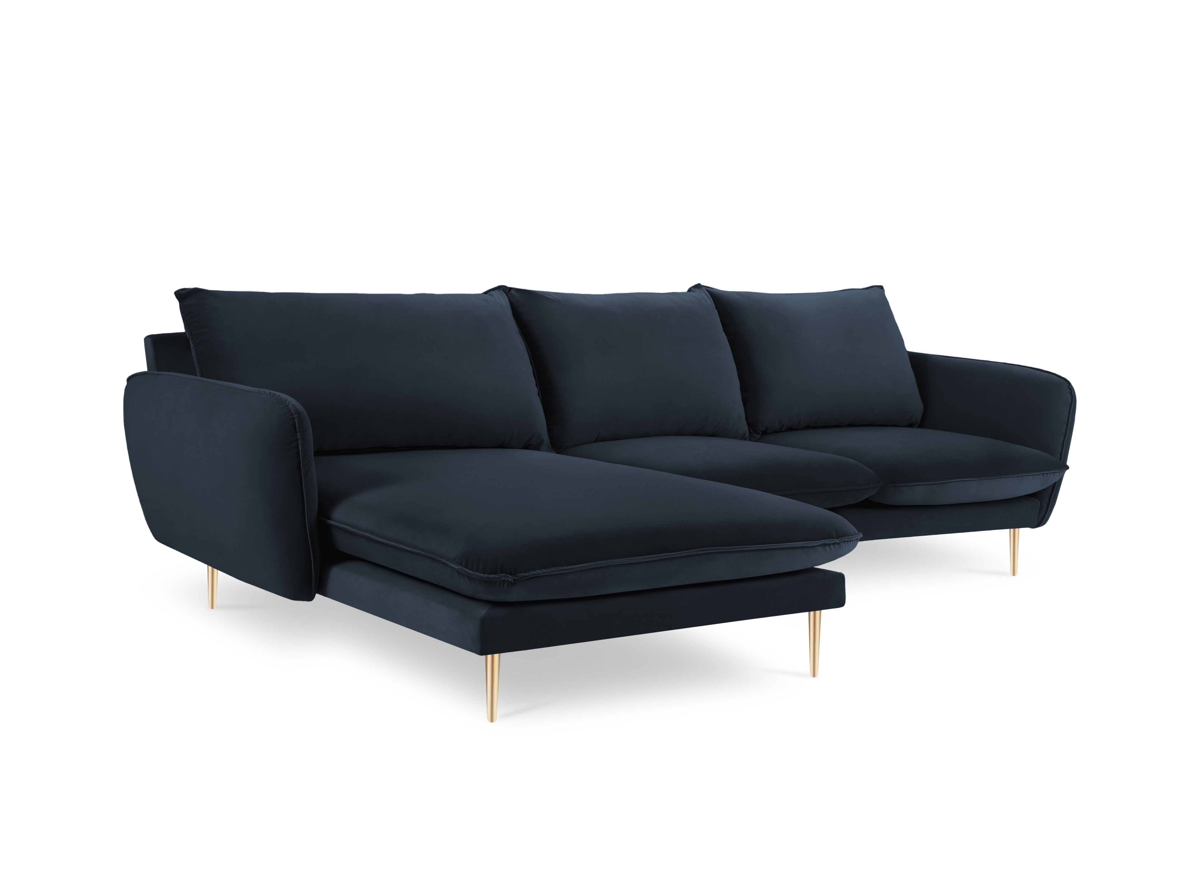 Left-facing velvet corner sofa for 5 people VIENNA in dark blue with a gold base
