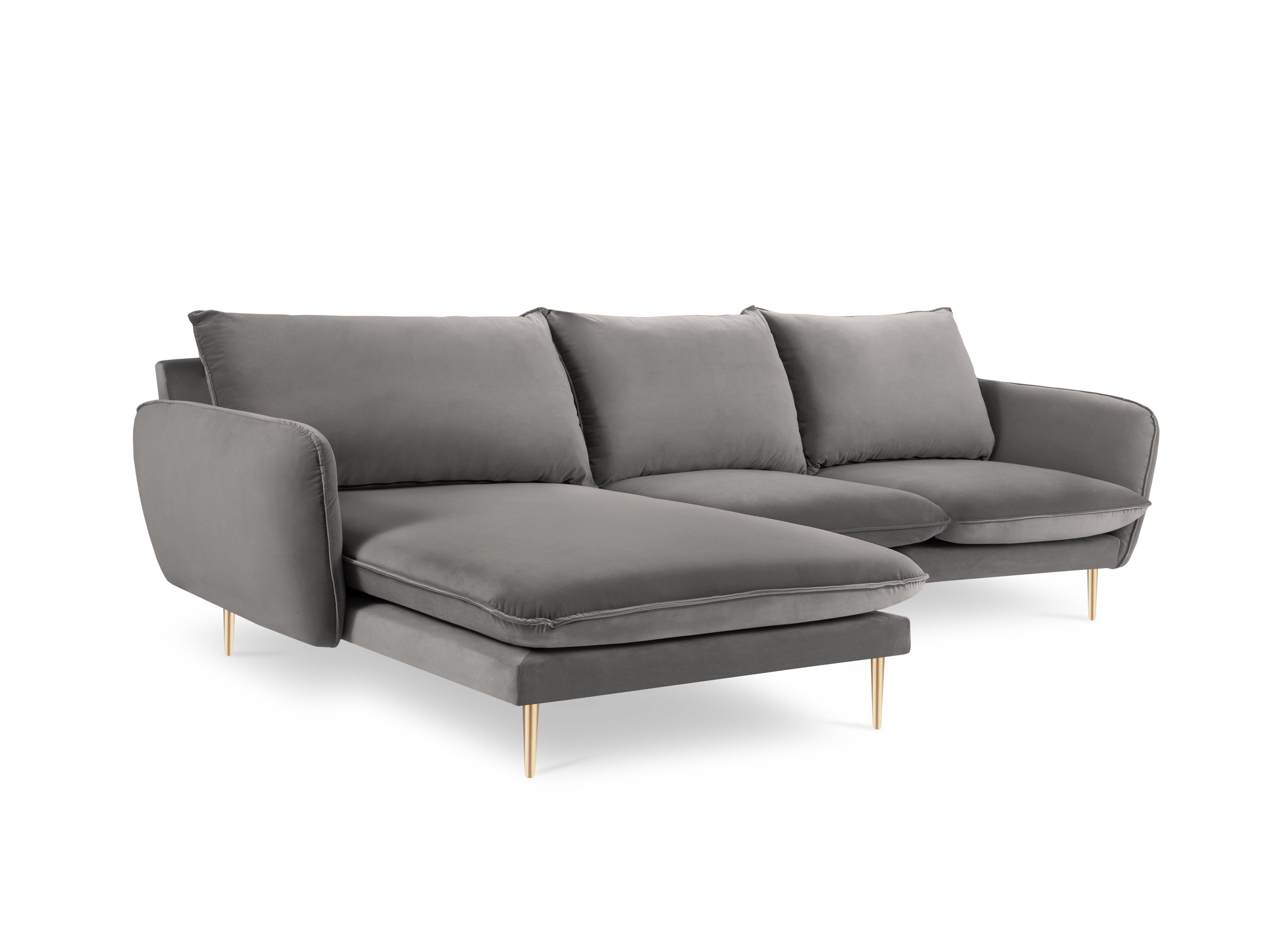 Left-facing velvet corner sofa for 5 people VIENNA in light gray with a gold base